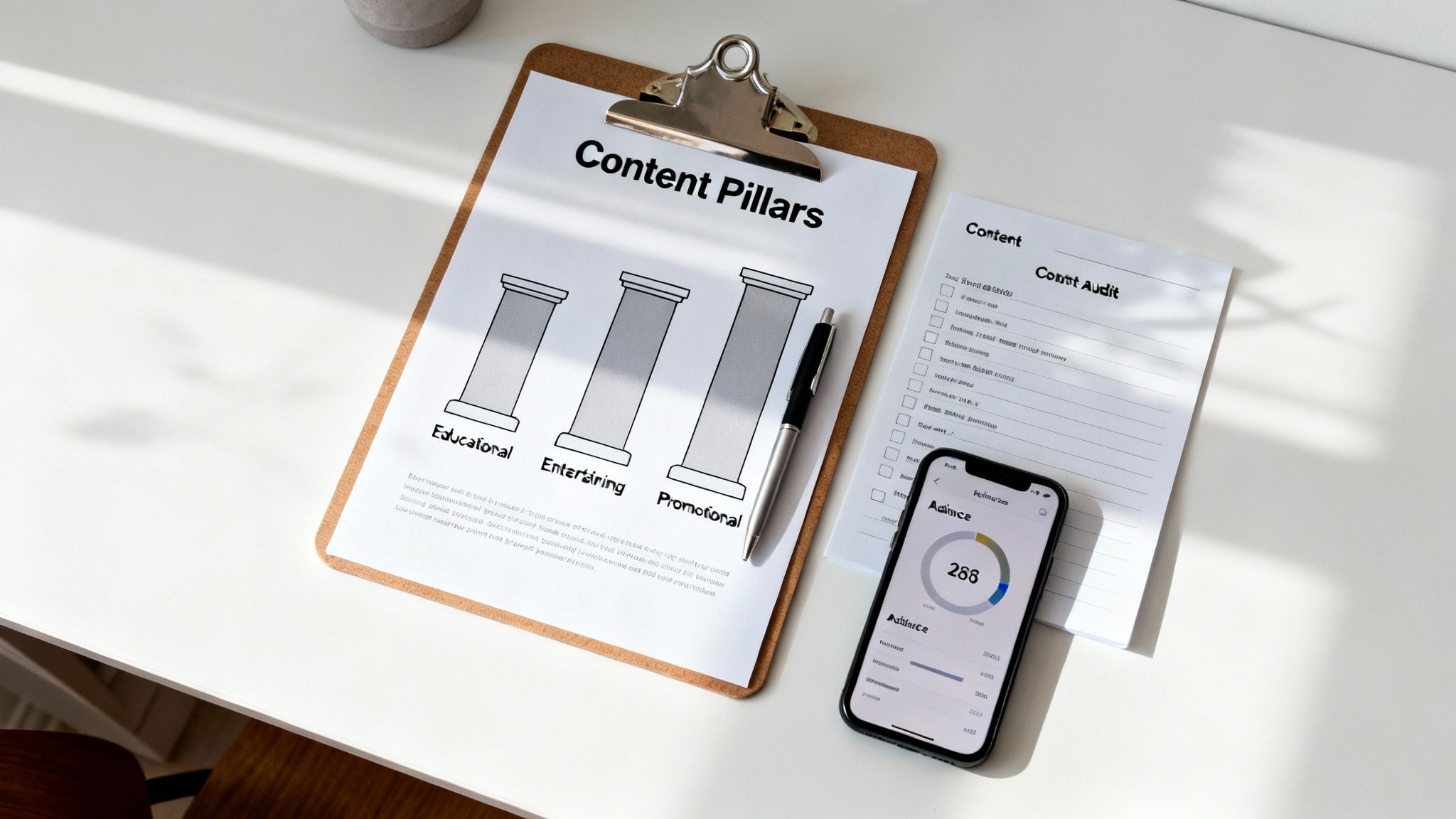 A flat lay of content strategy documents, including content pillars, a content audit, and mobile analytics.