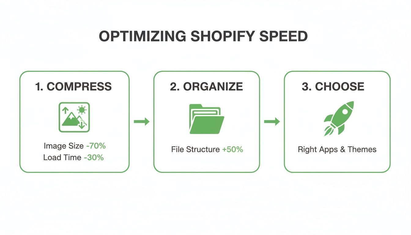 Three steps for optimizing Shopify speed: compress images, organize files, and choose suitable apps and themes.
