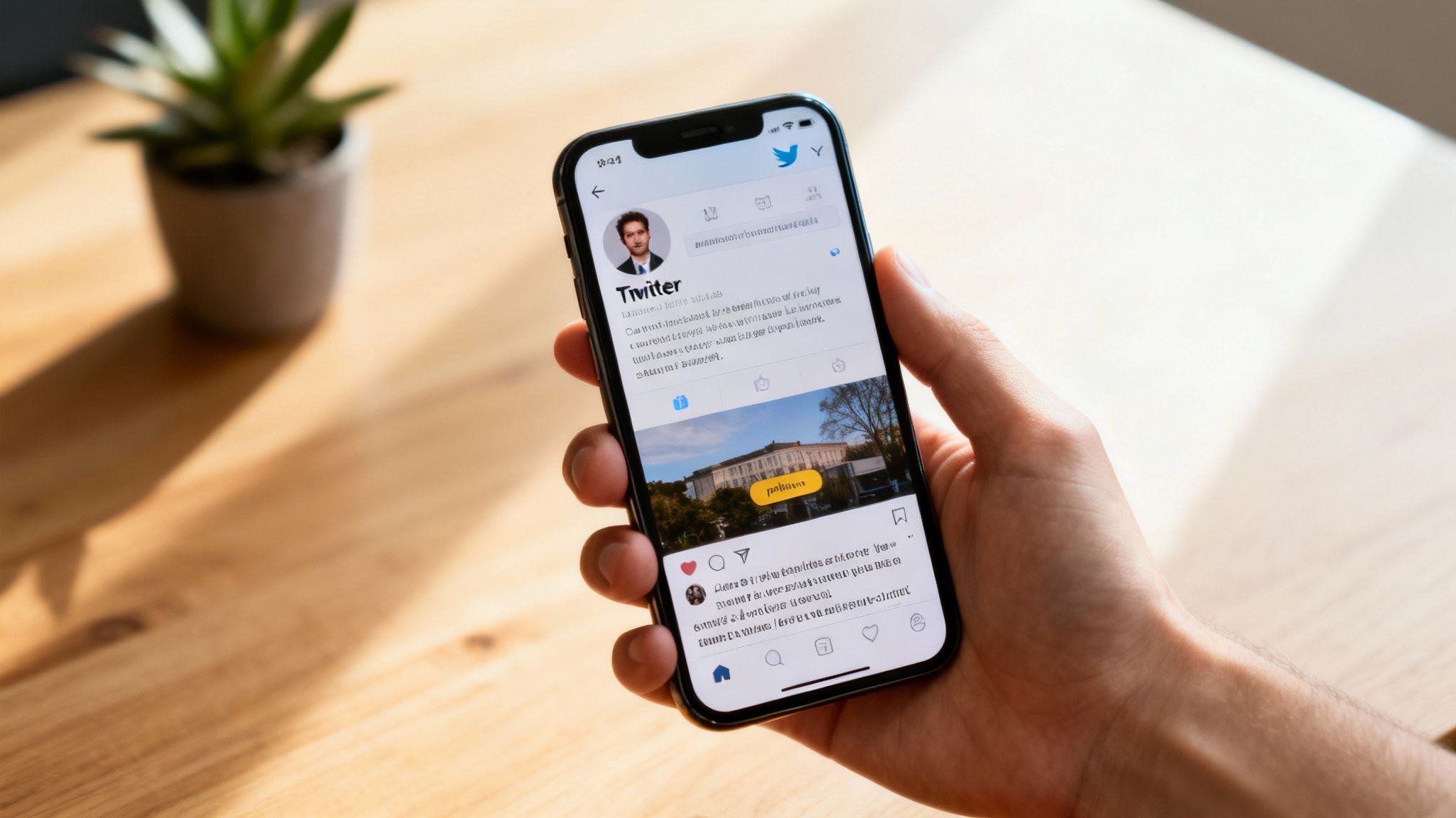Close-up of a hand holding an iPhone open to the Twitter app on a wooden desk.