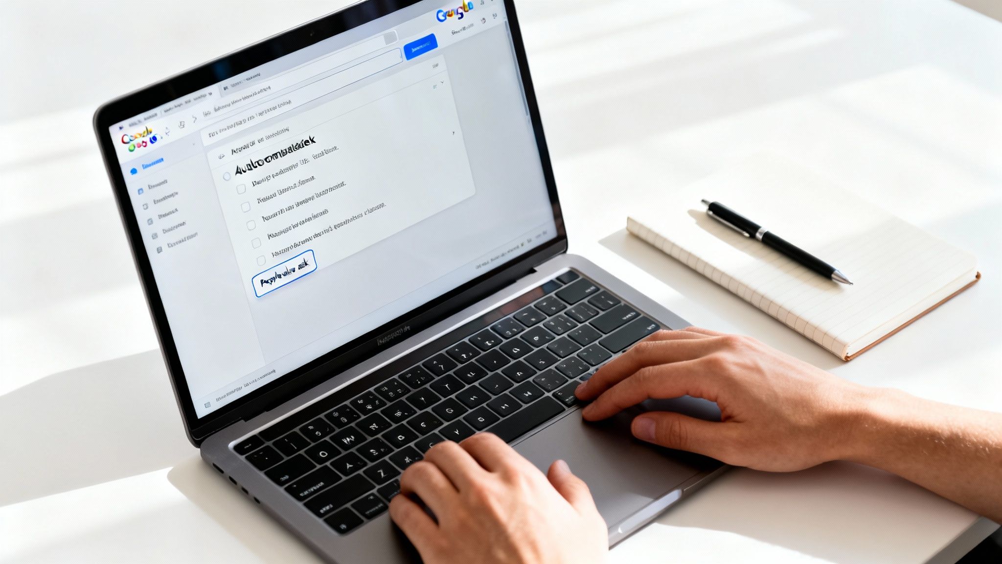 A person typing on a laptop with a Google interface displayed, next to a notebook and pen on a desk.