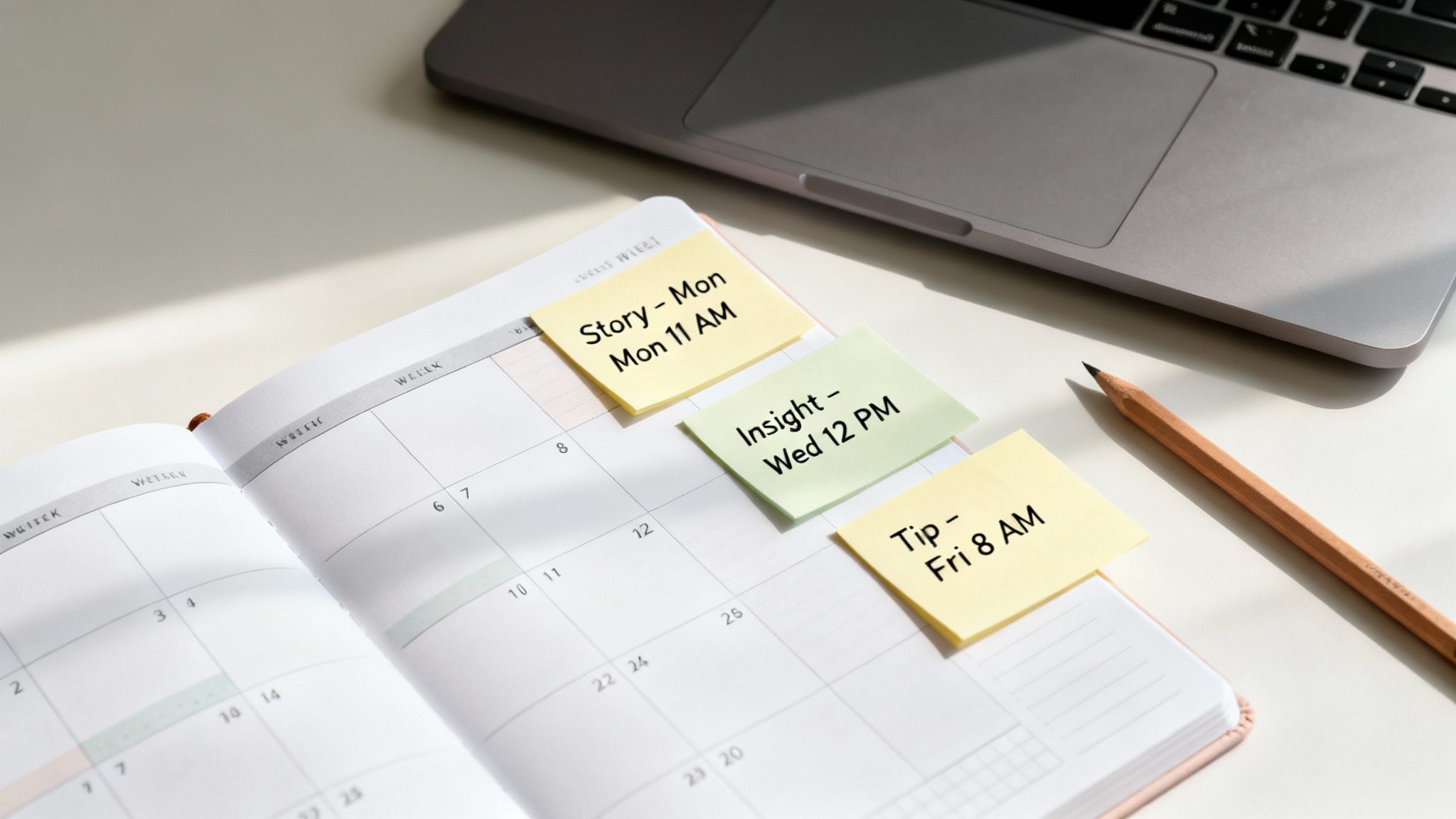 Open planner with sticky notes for social media content schedule, alongside a laptop and pencil on a desk.