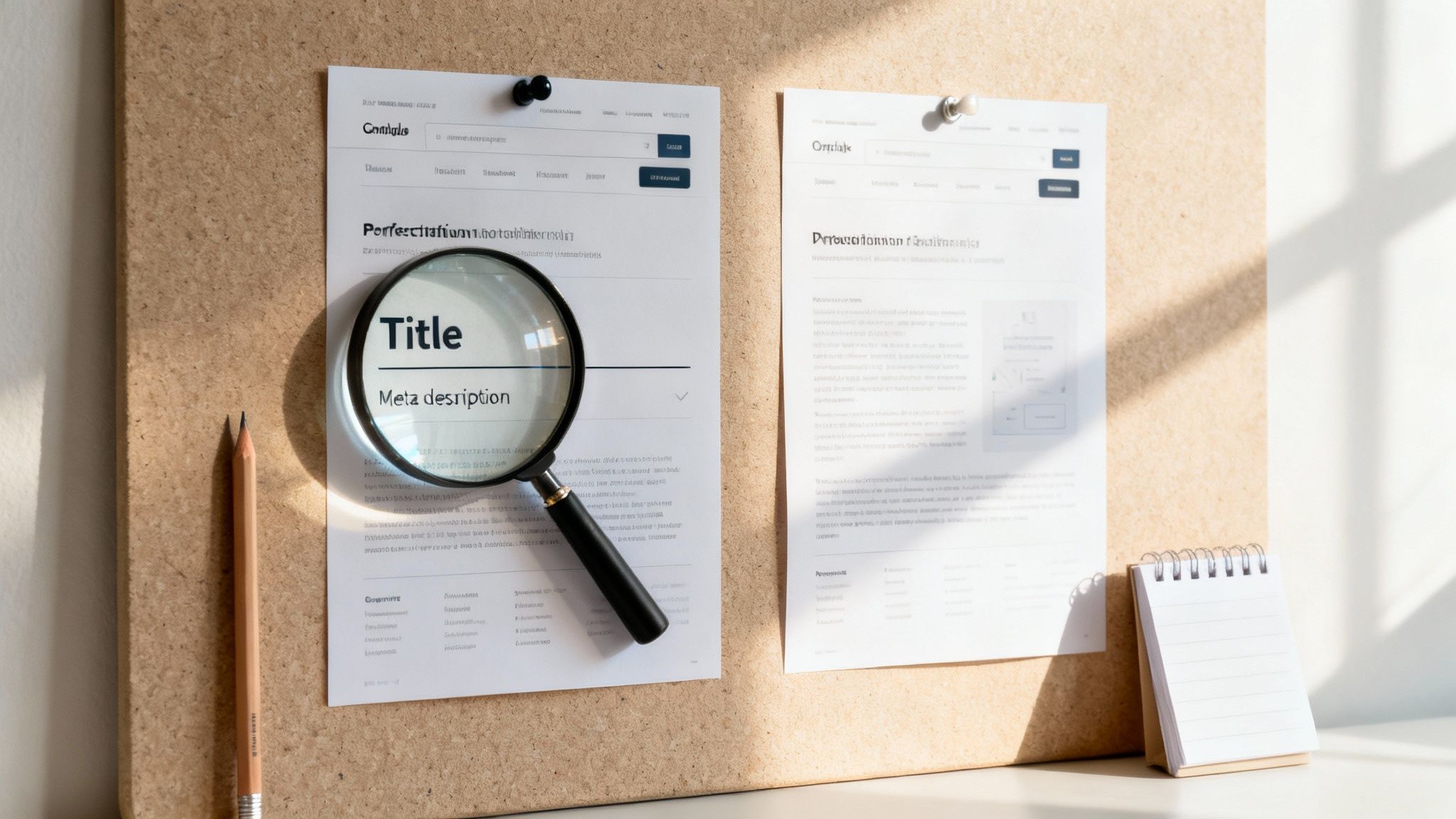 Magnifying glass inspecting website title and meta description on a document pinned to a corkboard.