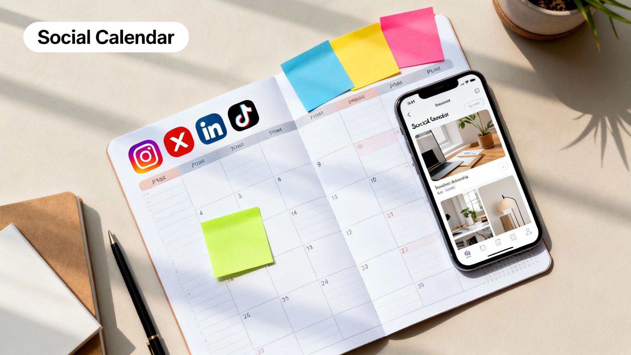 A desk with an open social media calendar, planning tools, and a phone displaying a social calendar app.
