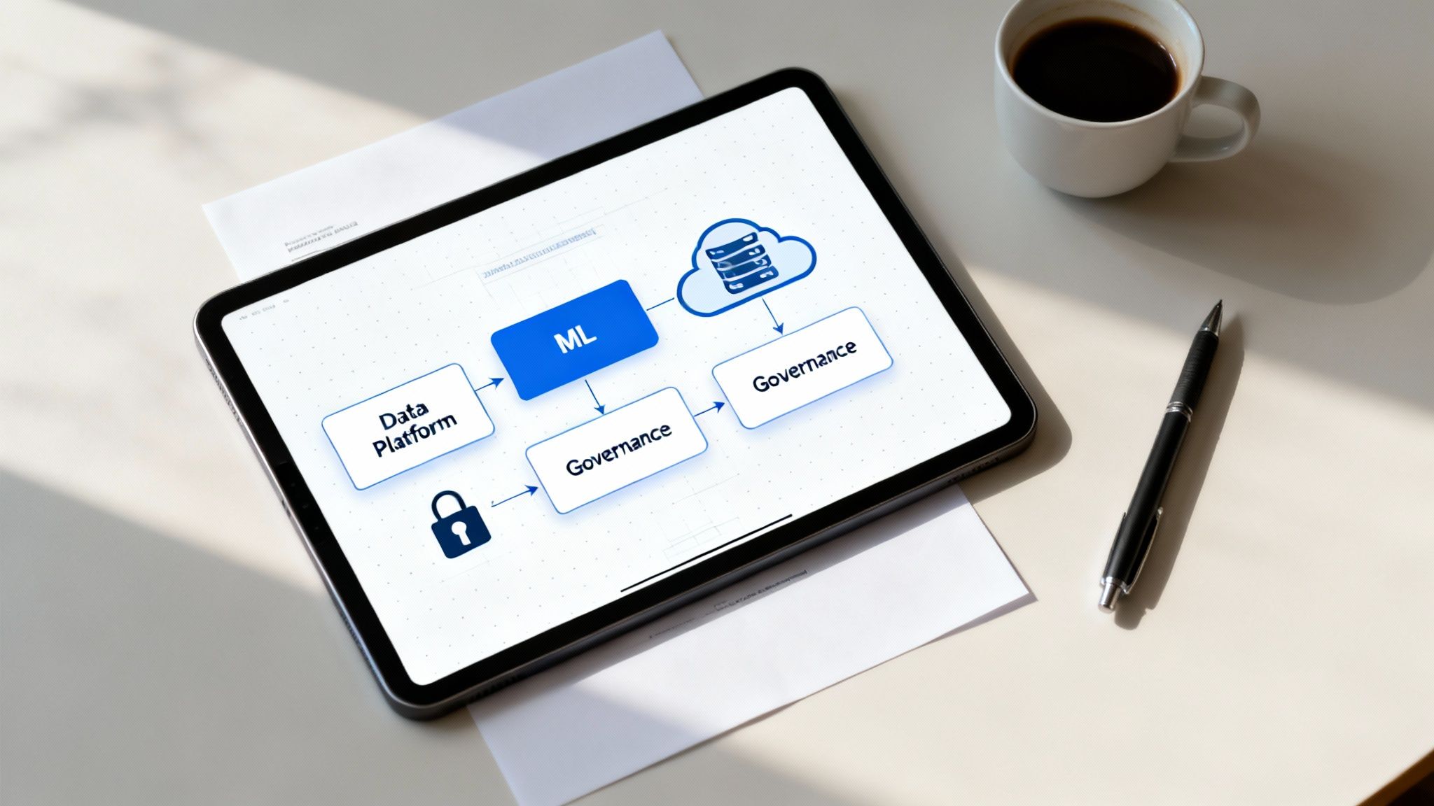 A tablet on a desk displays a digital diagram illustrating a data platform, ML, and governance flow.