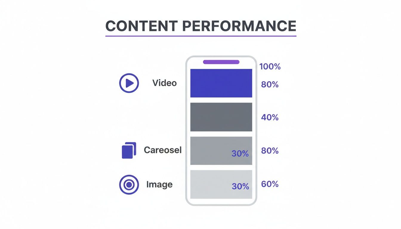 A bar chart on a smartphone screen showing content performance for video, carousel, and image types.
