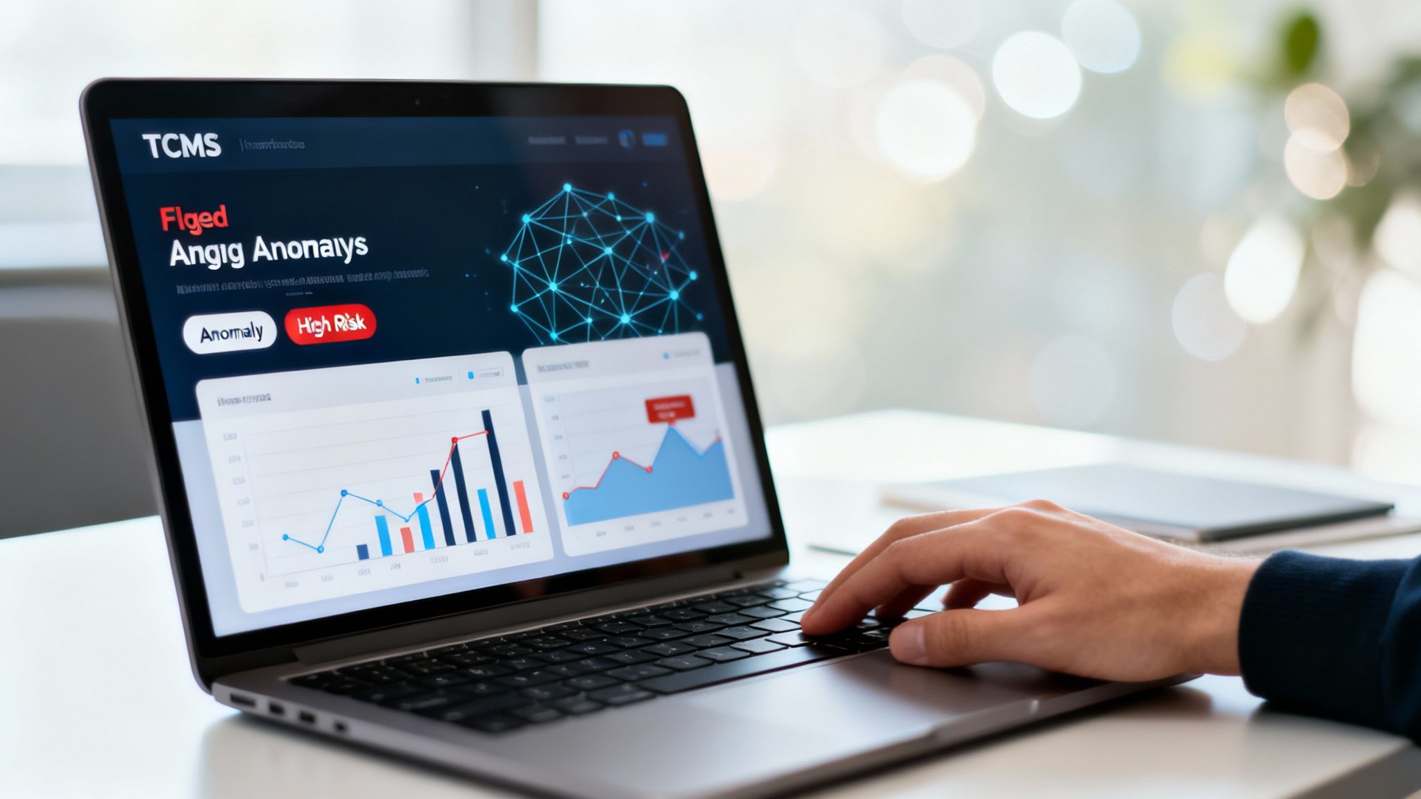 A person's hand typing on a laptop showing a tax compliance management system dashboard with charts and risk alerts.