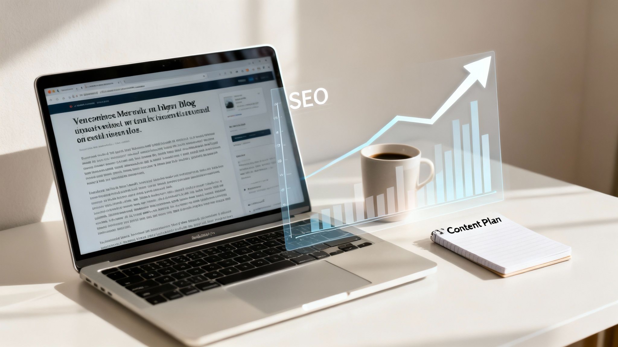 Laptop displaying a blog post, coffee, 'Content Plan' notebook, and a transparent SEO growth chart.