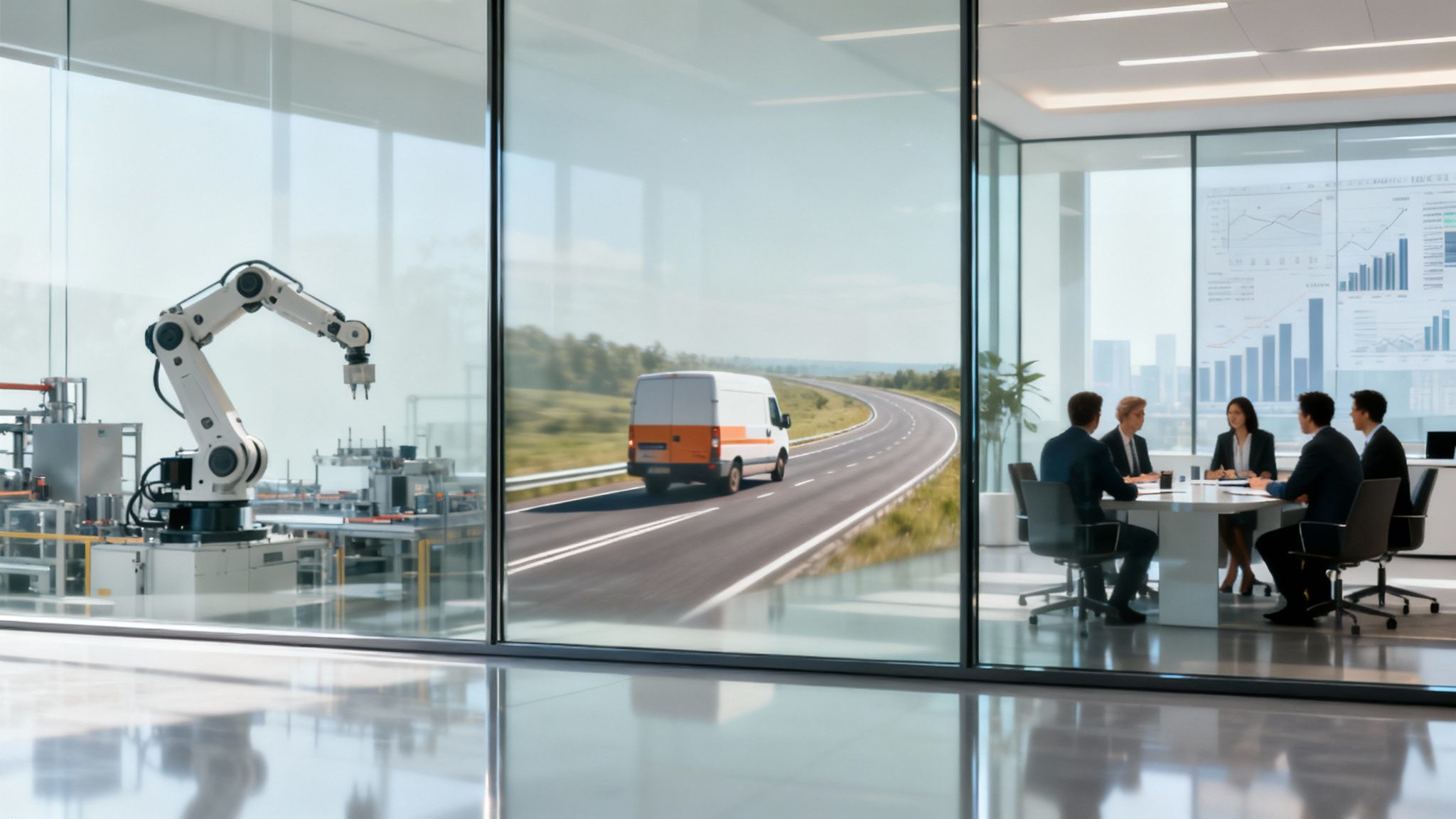 A modern office with views of a robotic arm, a delivery van on a highway, and a business meeting with data screens.