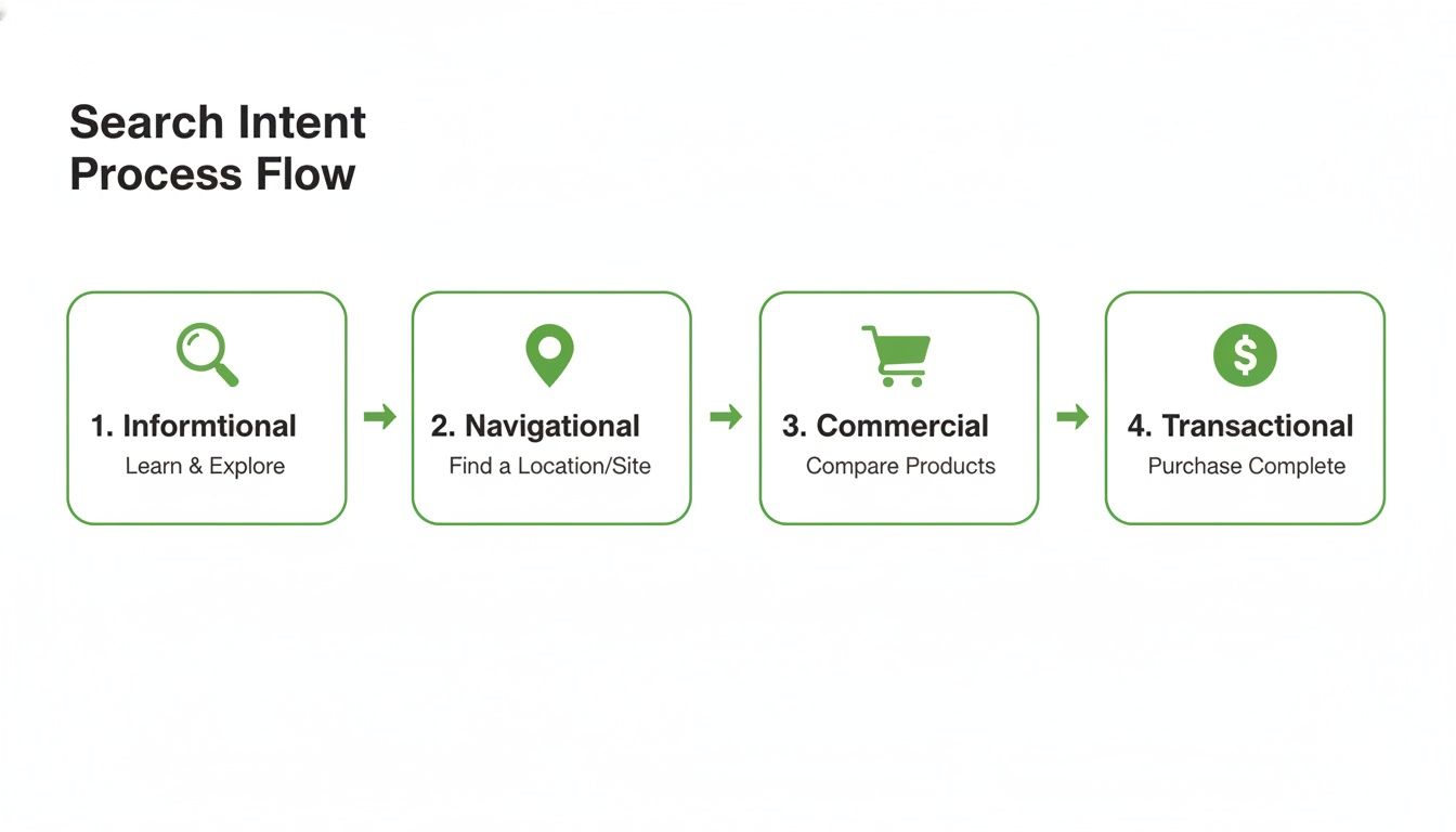 Flowchart illustrating the four stages of search intent: Informational, Navigational, Commercial, and Transactional.