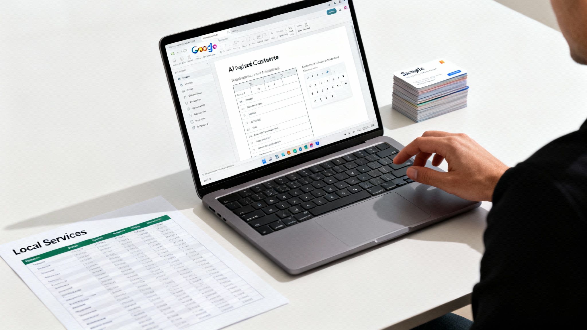 A person types on a laptop at a white desk, with 'Local Services' document and business cards.