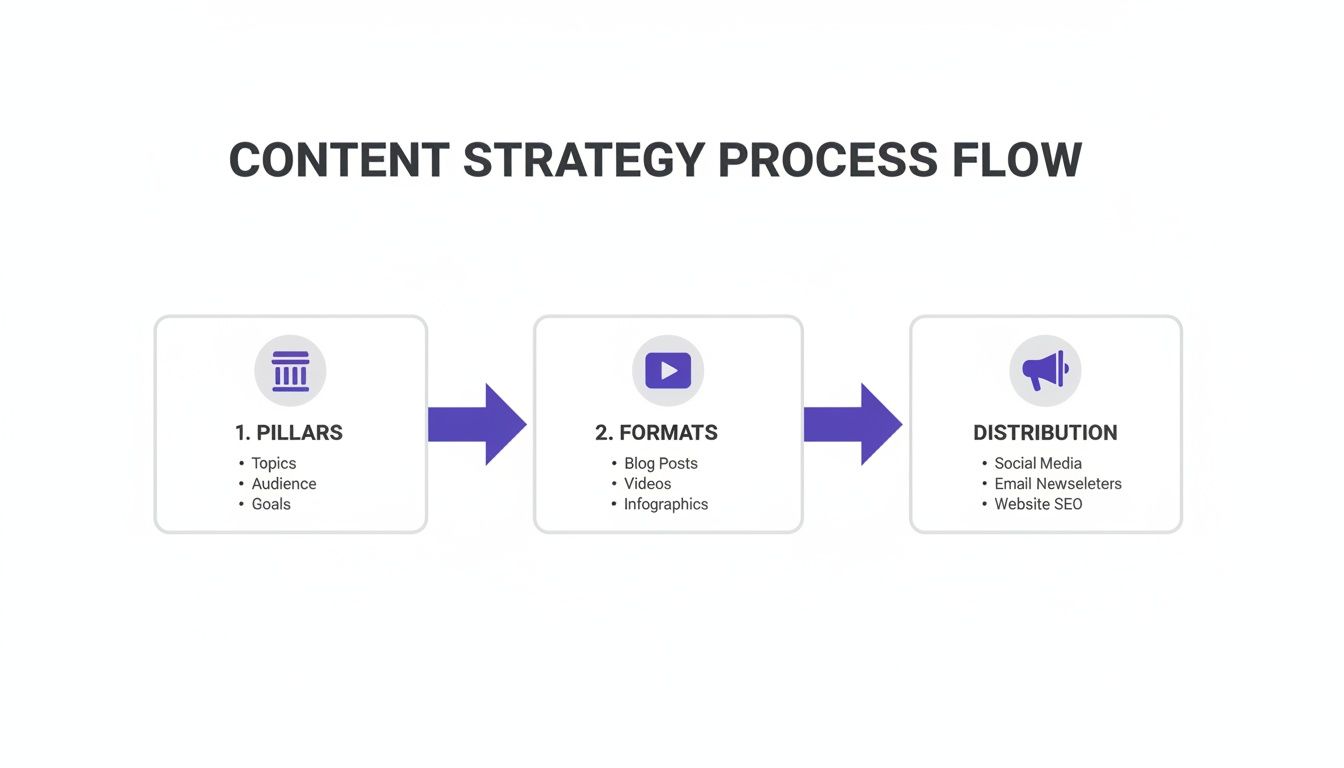 Content strategy process flow outlining pillars (topics, audience, goals), formats, and distribution.