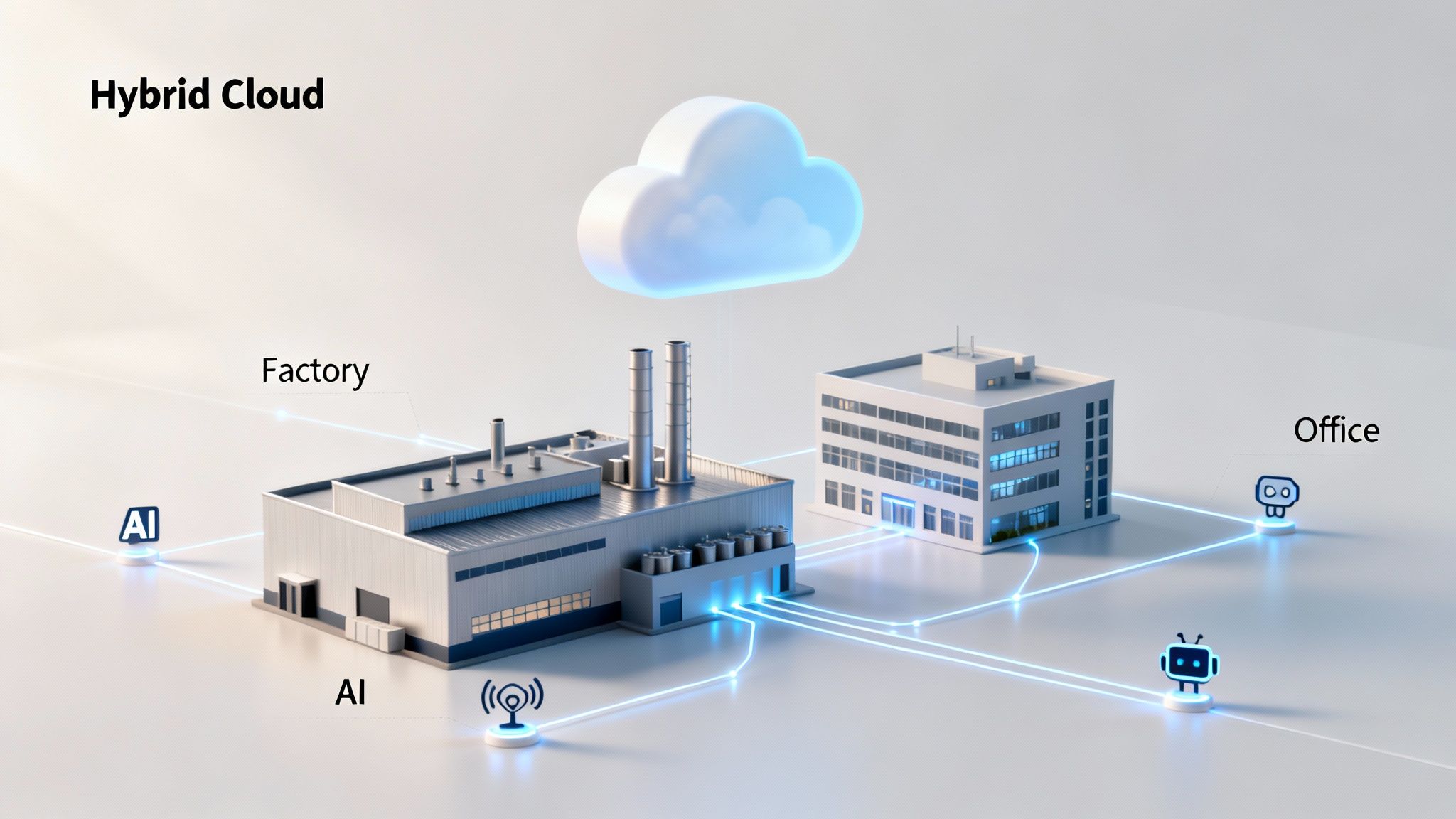 A visual representation of a hybrid cloud connecting a factory, office, and various AI and IoT devices.