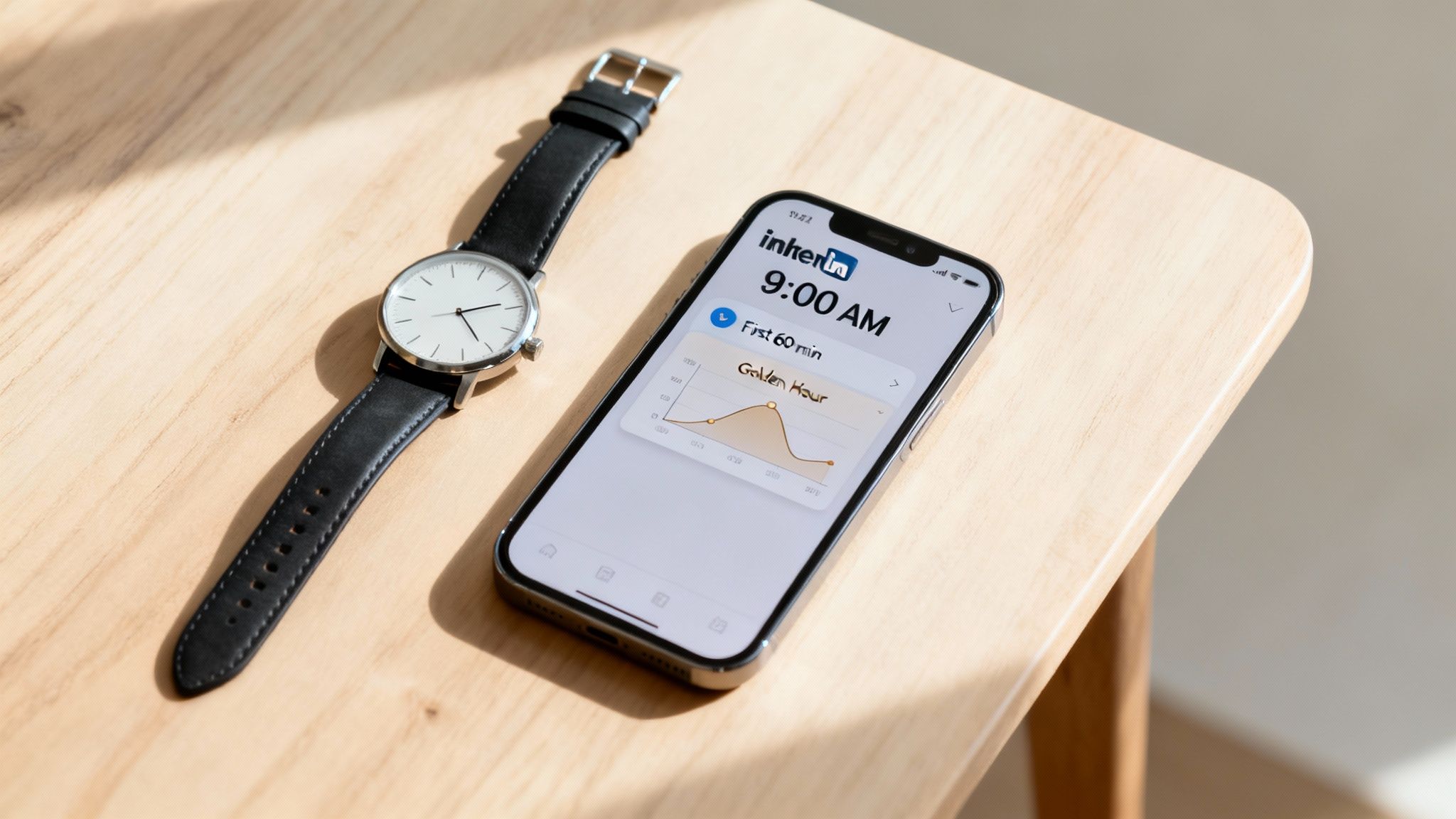 A modern silver wristwatch and an iPhone displaying a scheduling app on a wooden table.