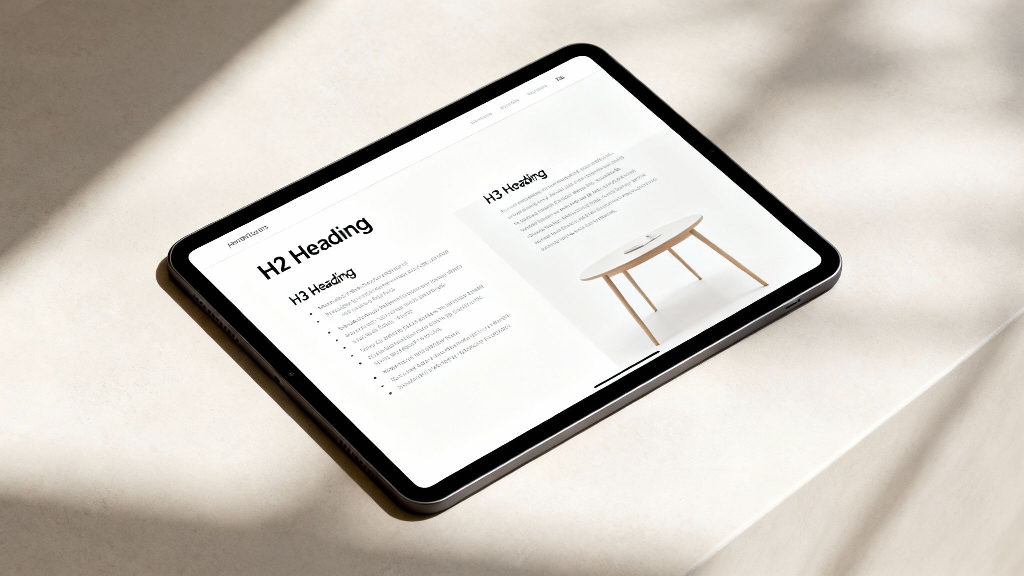 A modern tablet displaying a white webpage with black text headings and a table image.