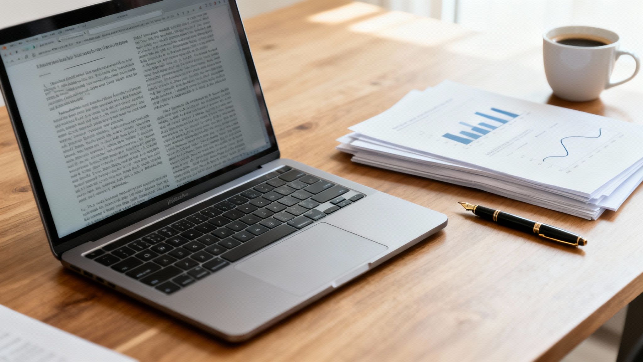 Laptop displaying document with business reports, pen, and coffee on a wooden desk