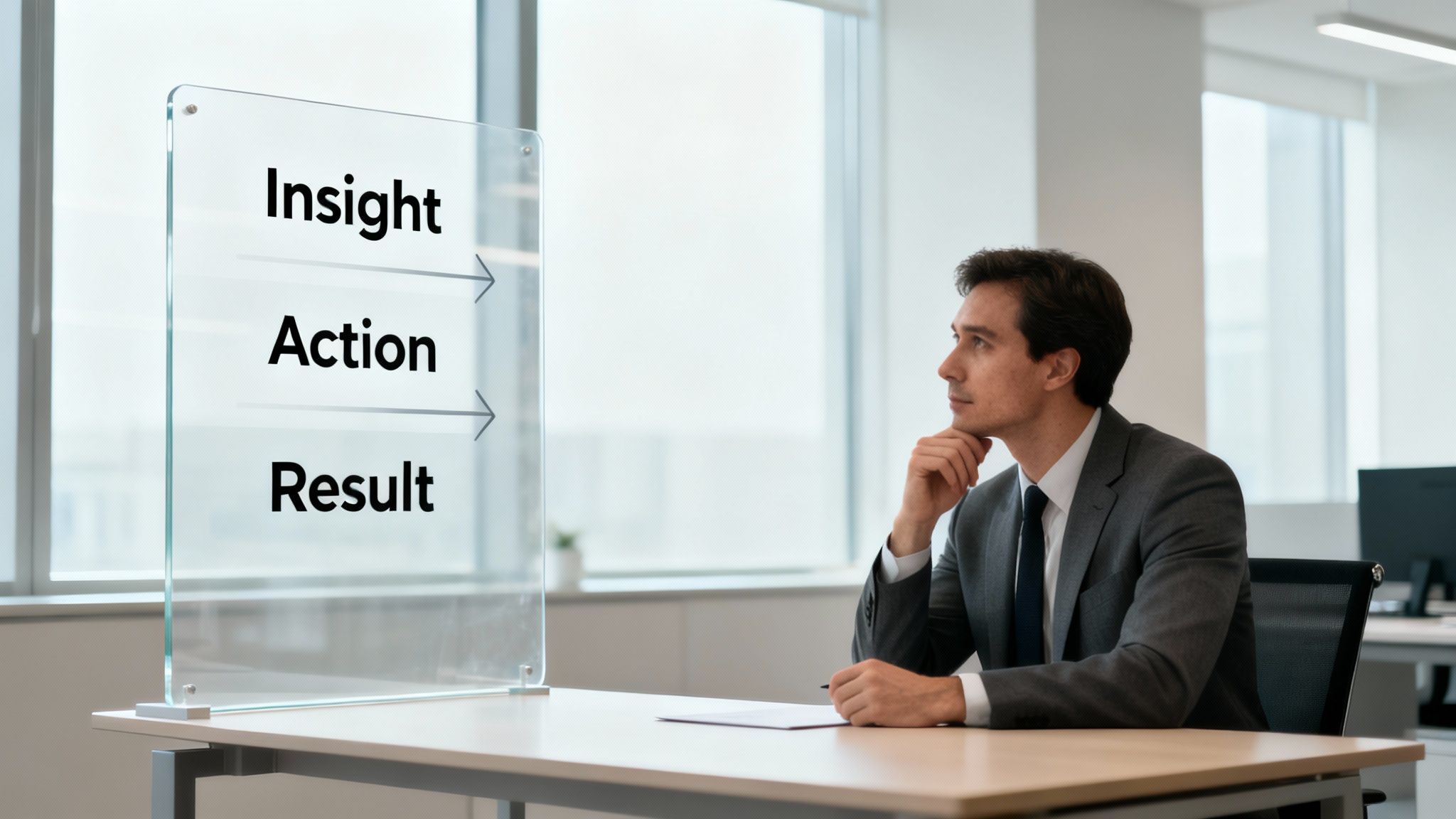Thoughtful businessman analyzing a workflow chart displayed on a modern glass screen in an office setting.