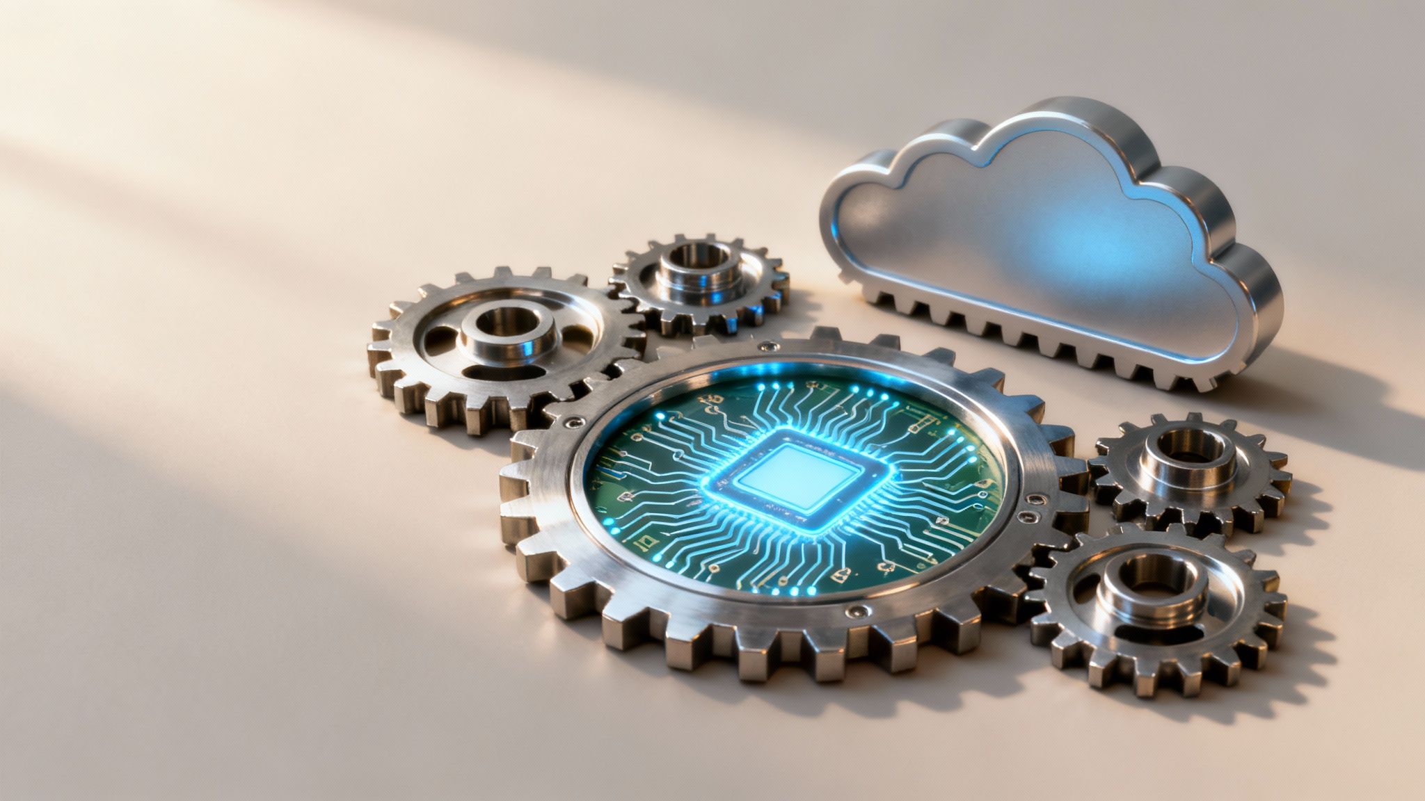 Zahnräder mit einer leuchtenden CPU-Schaltkreisplatte und einem Clouds-Symbol, die Cloud-Computing und Technologie darstellen.