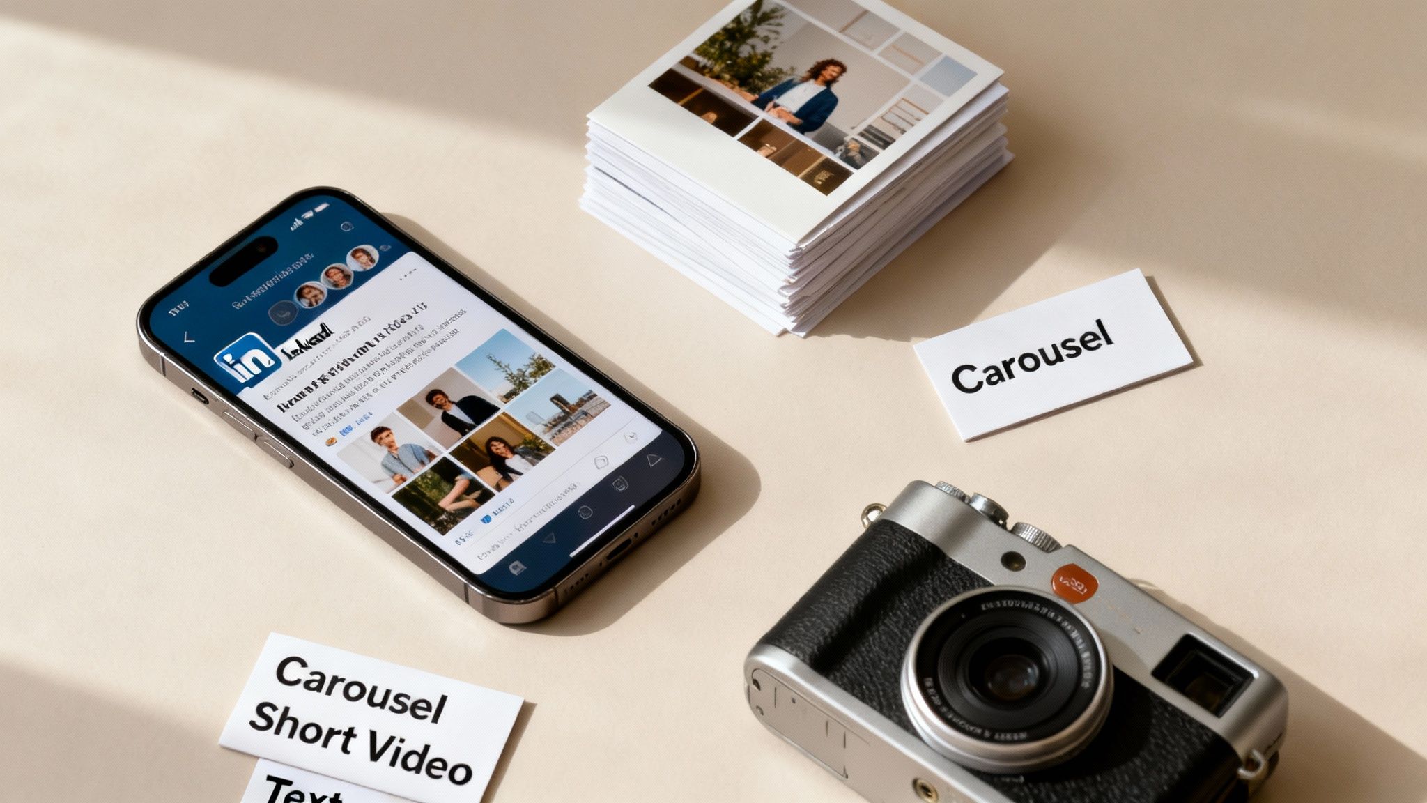 Flat lay of digital content strategy elements: a smartphone, printed photo carousels, a camera, and keyword cards.
