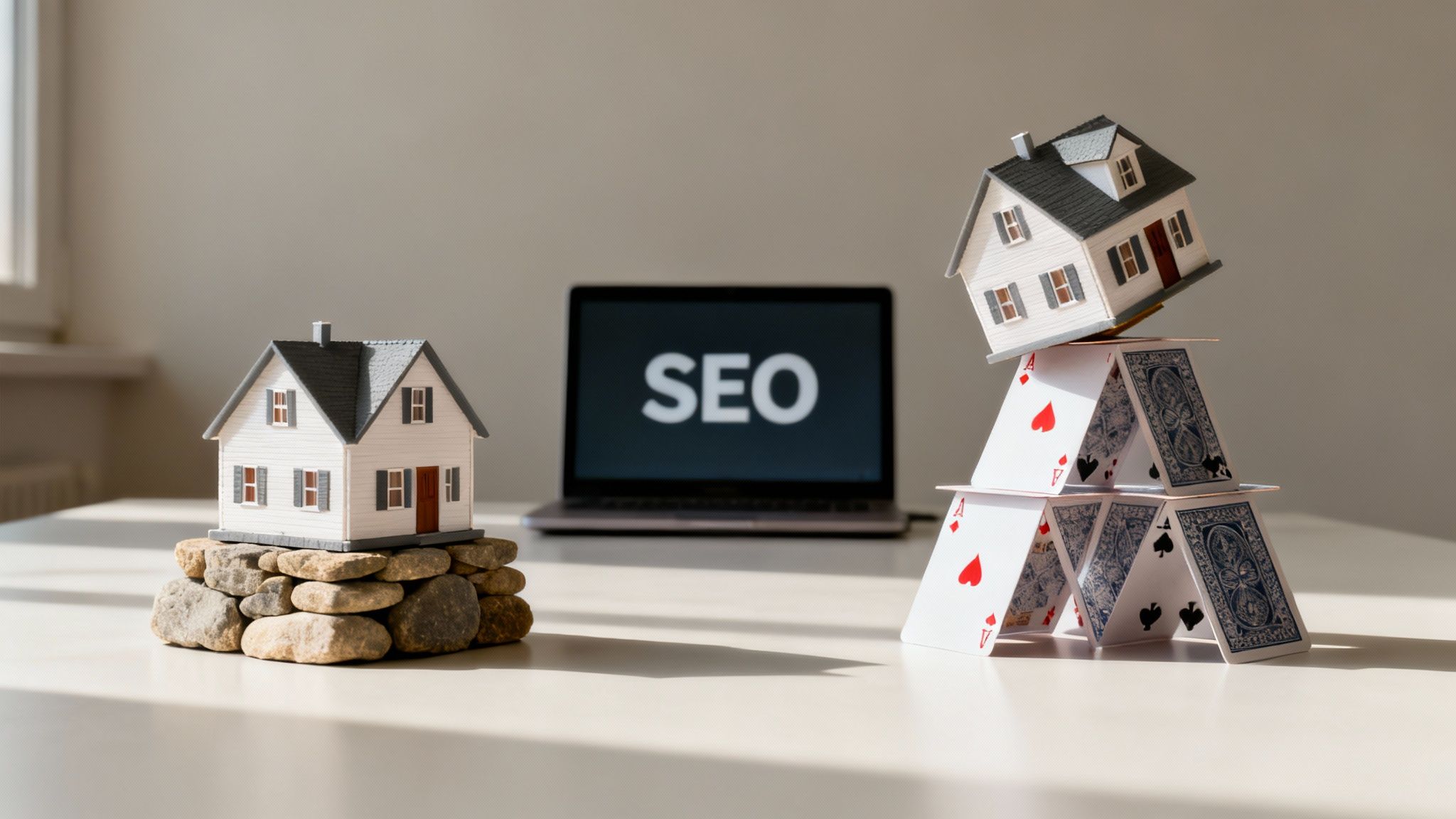 Two miniature houses illustrate SEO stability: one on a rock foundation, another on a fragile house of cards.