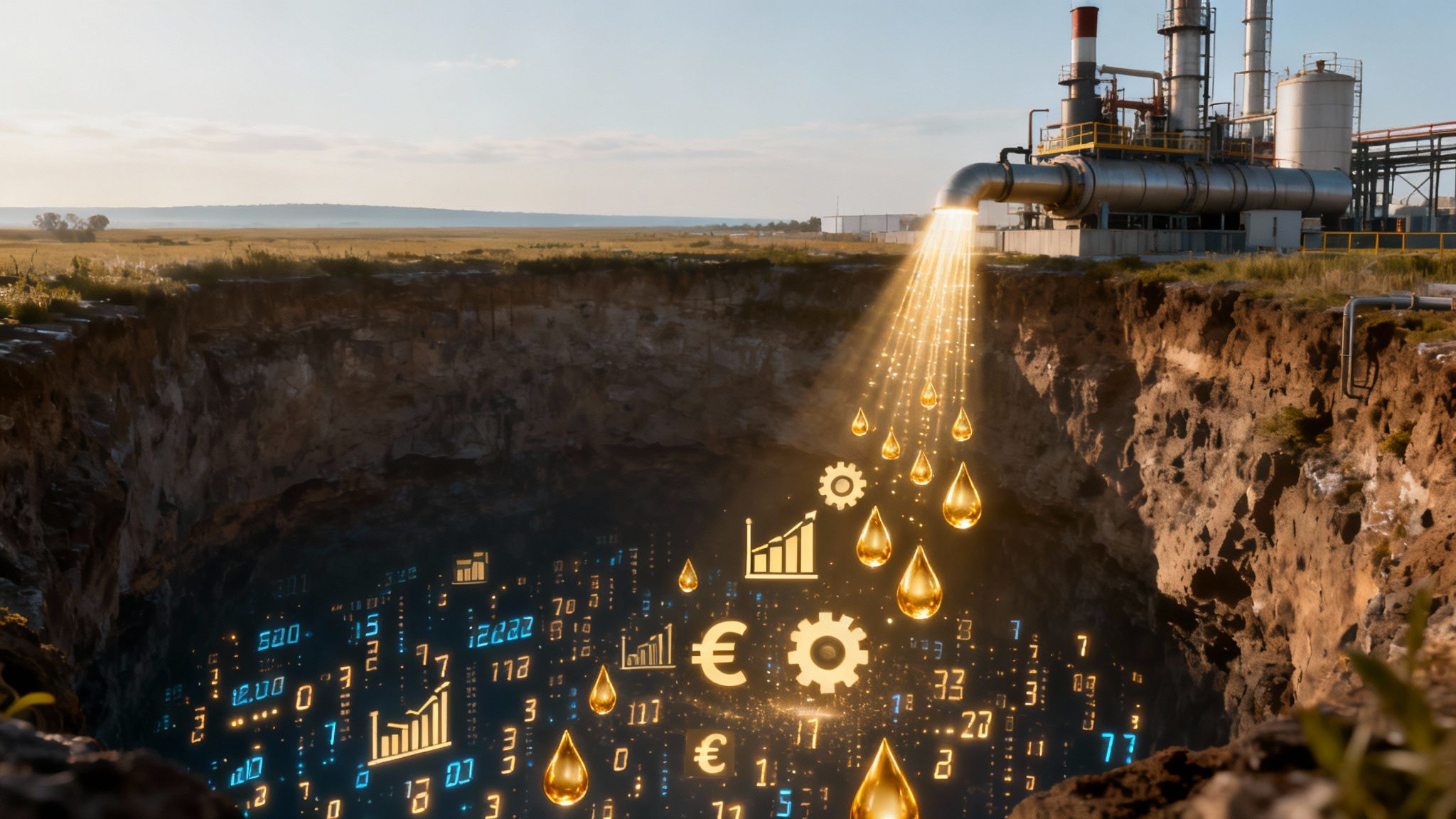 Industrial plant pouring golden oil drops, euro symbols, and data into a glowing digital pit.