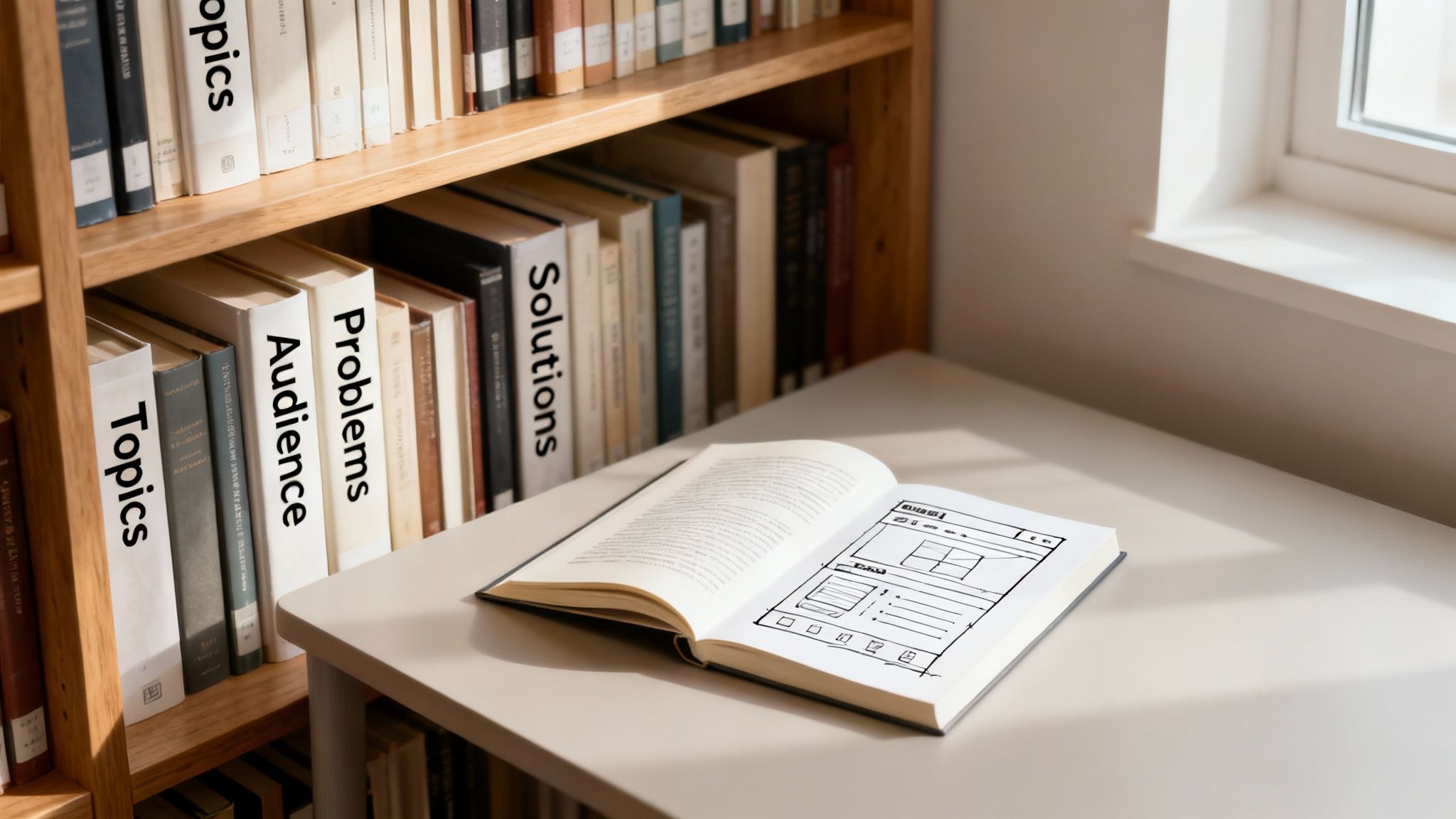 Open book with a wireframe sketch on a desk, next to a bookshelf with business-related titles.