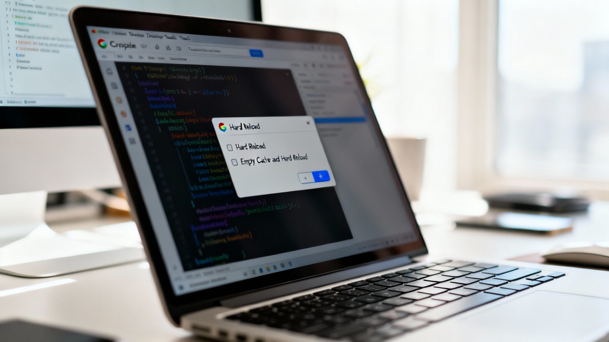 A laptop screen displays code and a browser's 'Hard Reload' prompt, with a second monitor nearby.