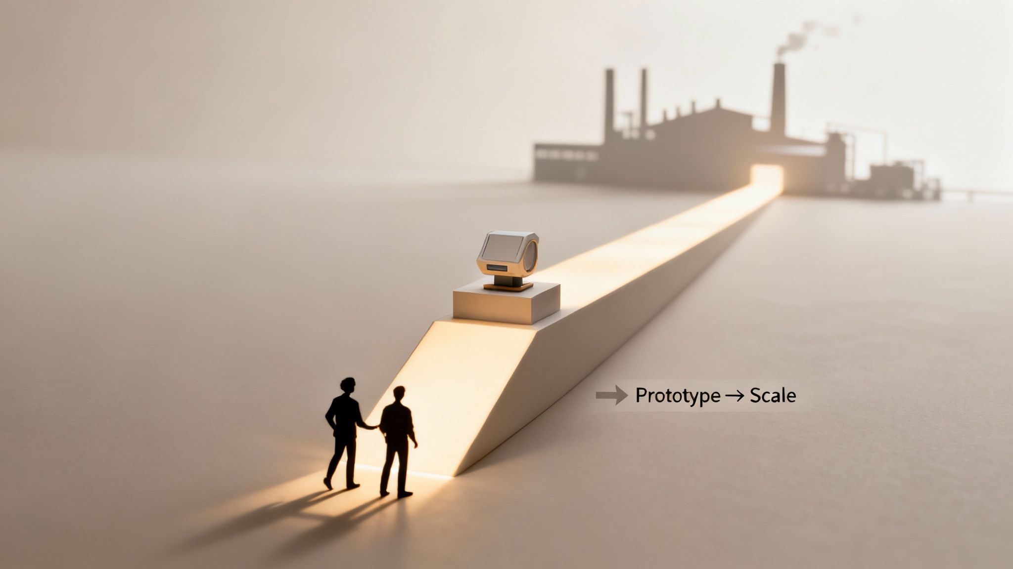 Two figures on a lit path leading from a prototype device to a factory, symbolizing scaling innovation.