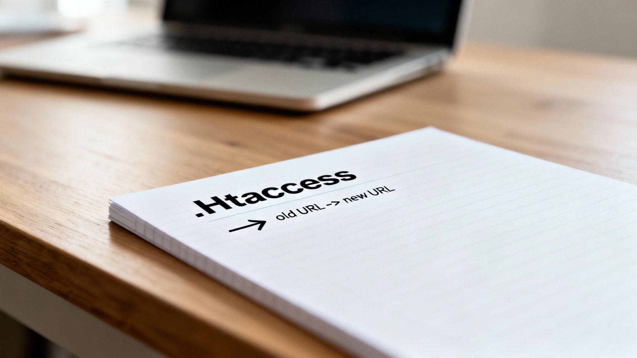 A notepad on a wooden desk displaying '.Htaccess' and an arrow indicating 'old URL -> new URL'.