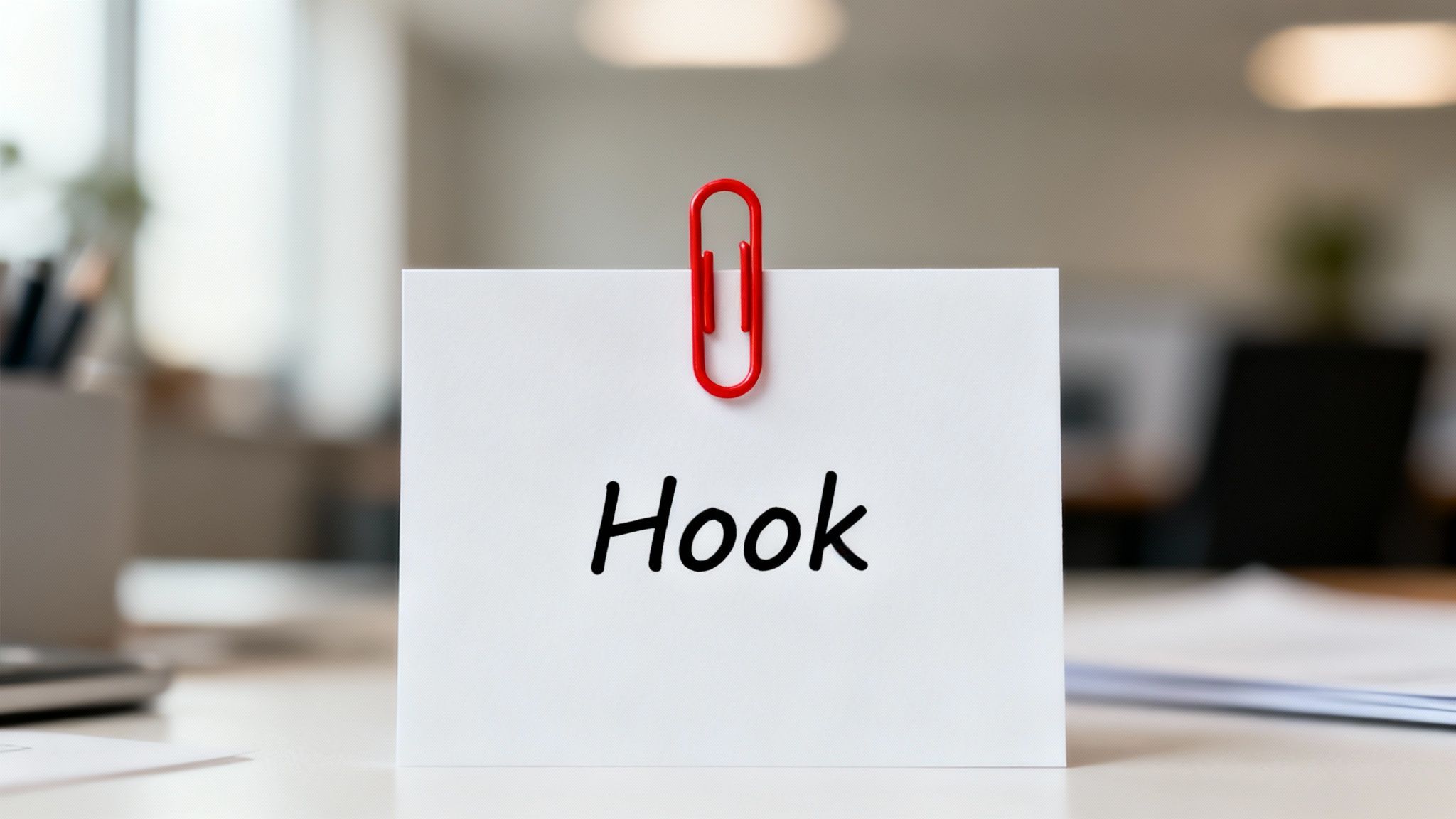 White note with 'Hook' written, held by a red paperclip on an office desk.