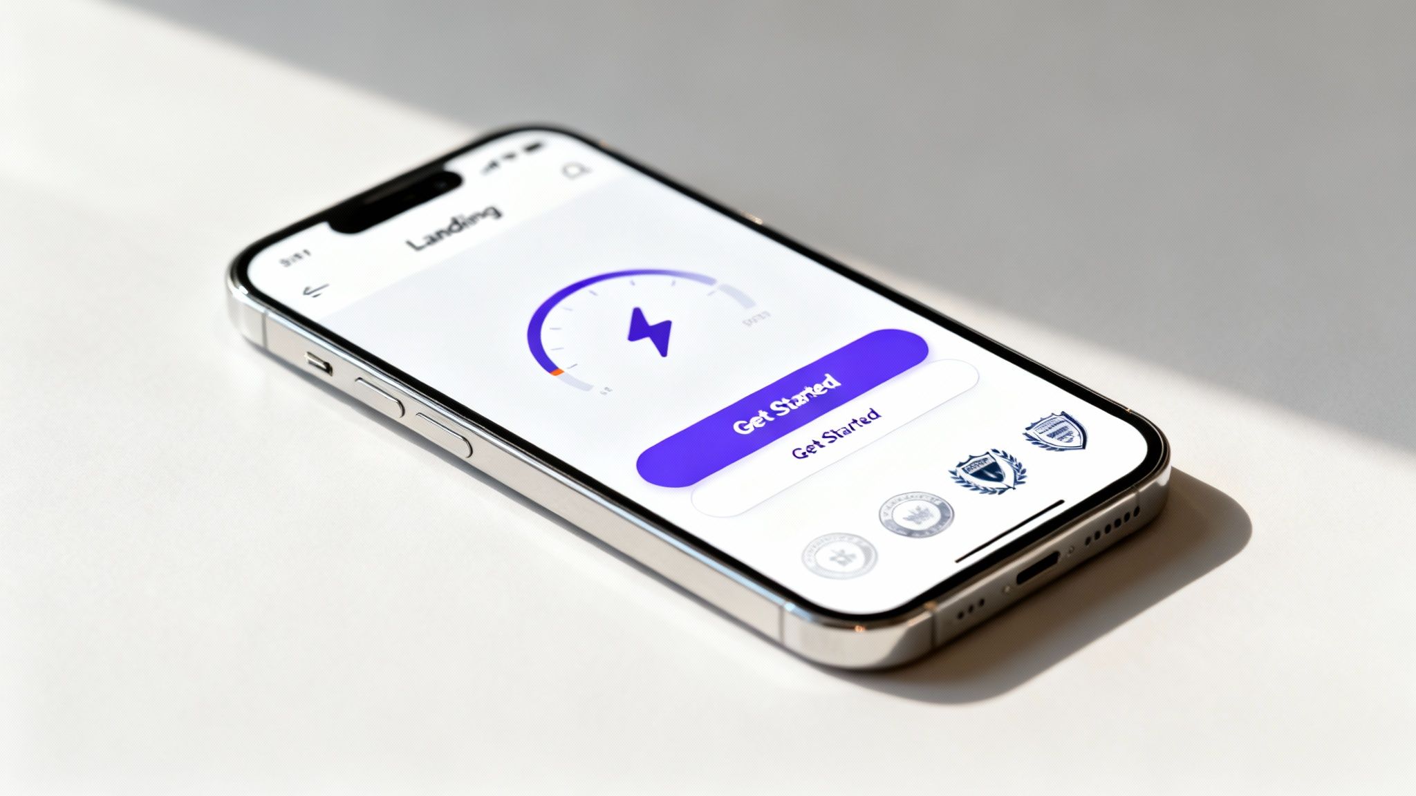 A silver iPhone displaying a landing page with a lightning bolt gauge and 'Get Started' button.