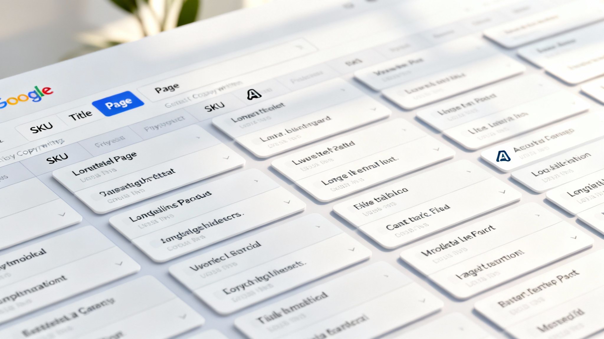 A digital spreadsheet interface with Google branding, showing product data, SKUs, titles, and pages.