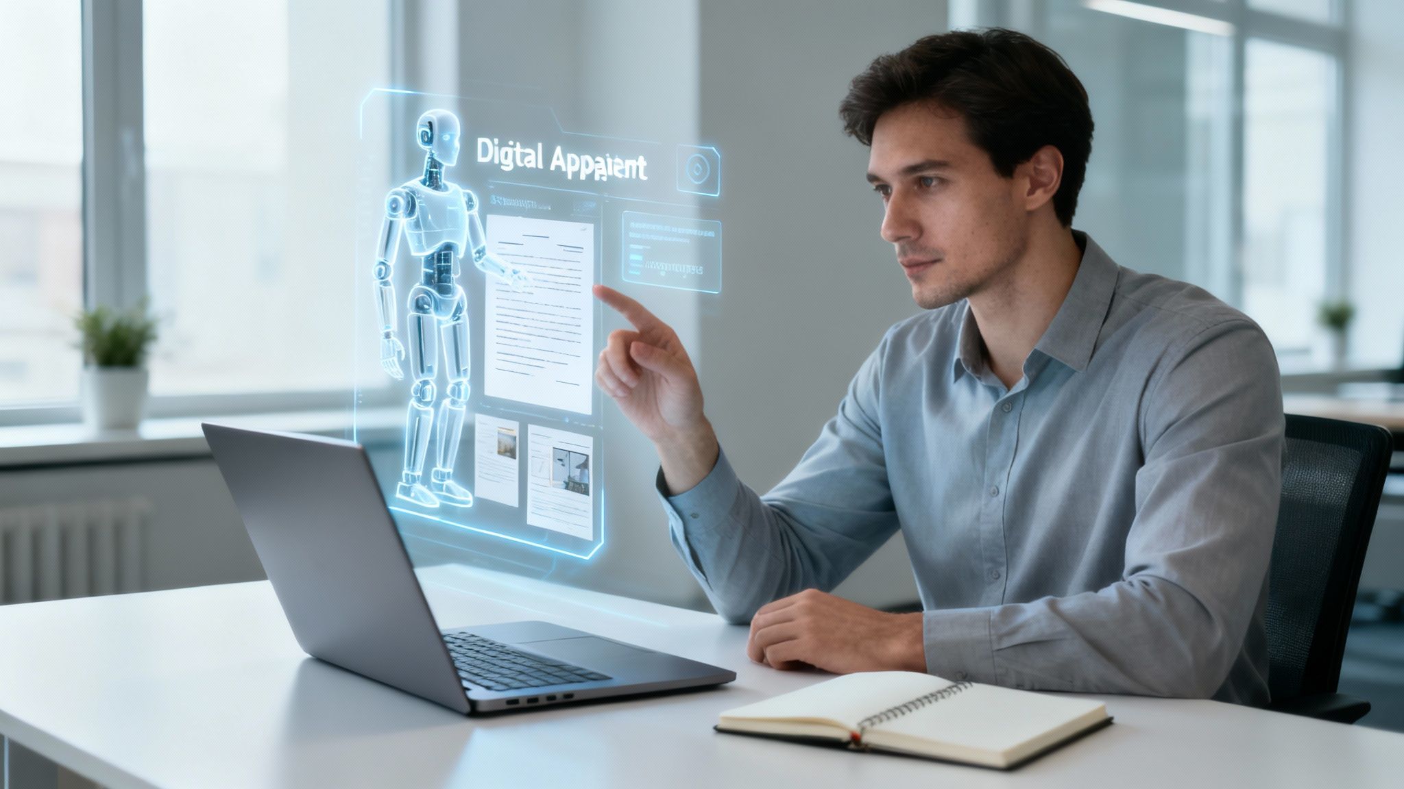 Young man in an office interacts with a holographic AI assistant, showcasing future technology and work.