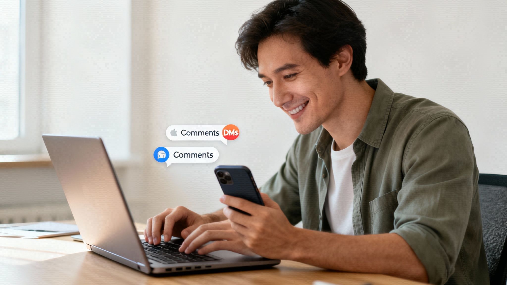 Smiling man multi-tasking, typing on a laptop while checking his phone with social media notifications.