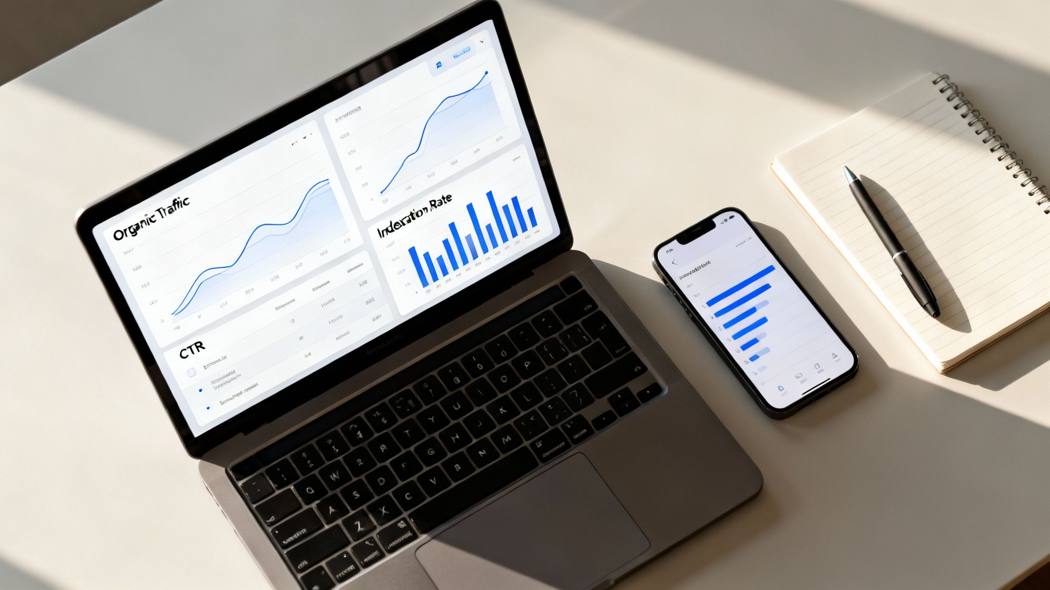Overhead view of a laptop displaying SEO performance graphs, a smartphone, and a notebook on a desk.