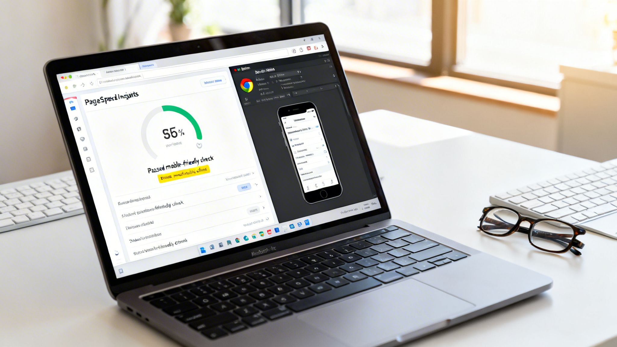 Laptop screen displaying Google PageSpeed Insights results with a 55% score and a passed mobile-friendly check.