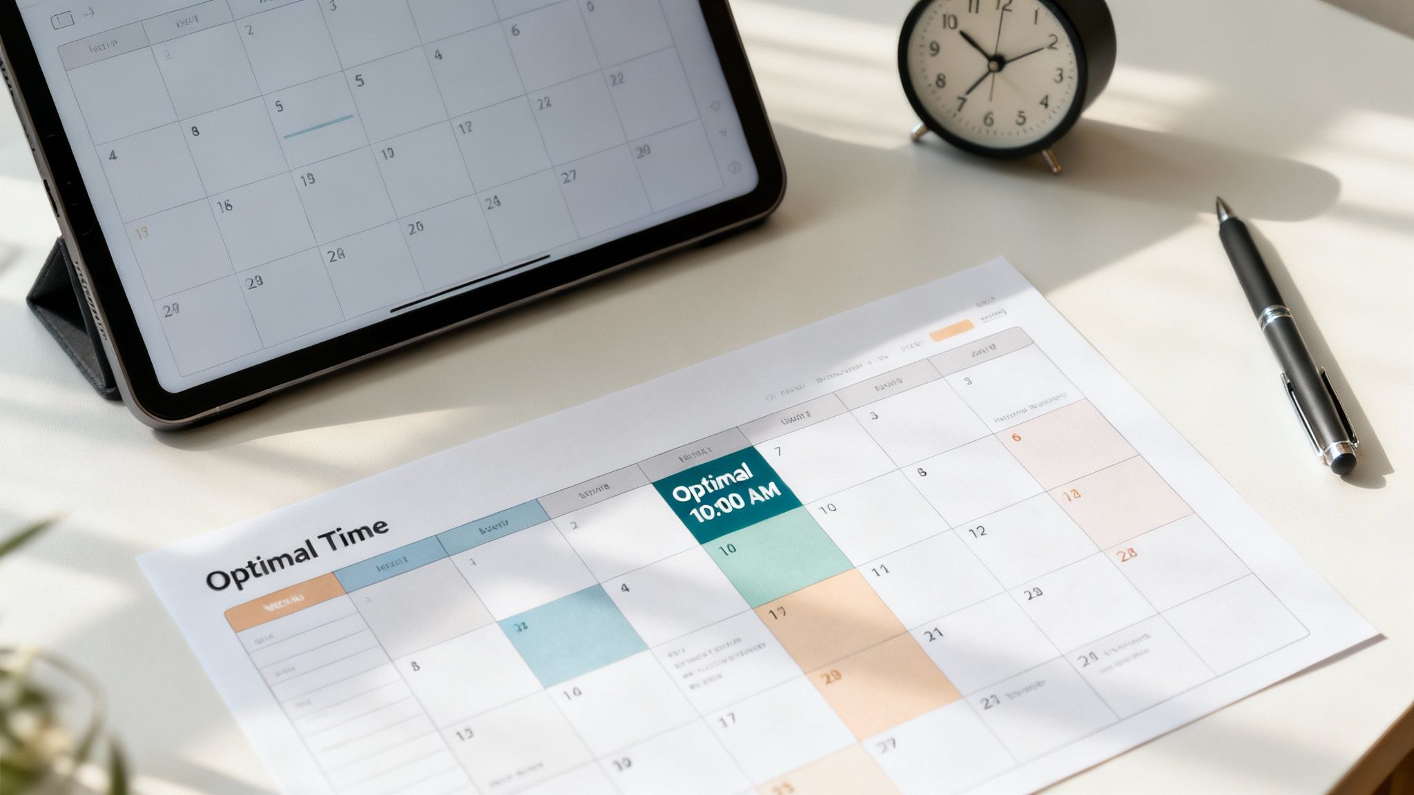 A desk with a tablet, an 'Optimal Time' calendar, a pen, and an alarm clock, emphasizing planning.