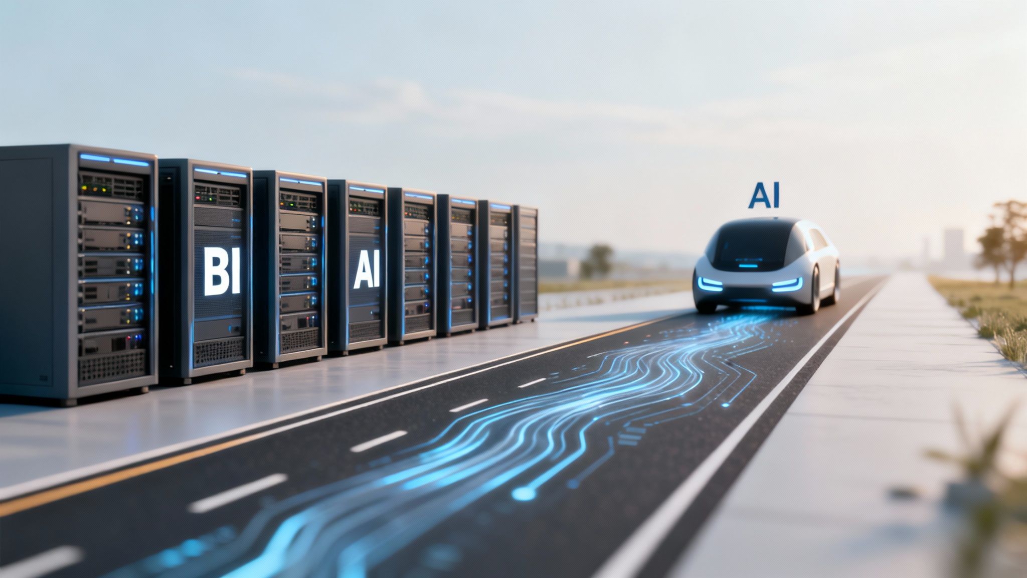Server, die BI und KI anzeigen, entlang einer Straße mit Schaltkreislinienspur, die zu einem futuristischen KI-Fahrzeug führt.