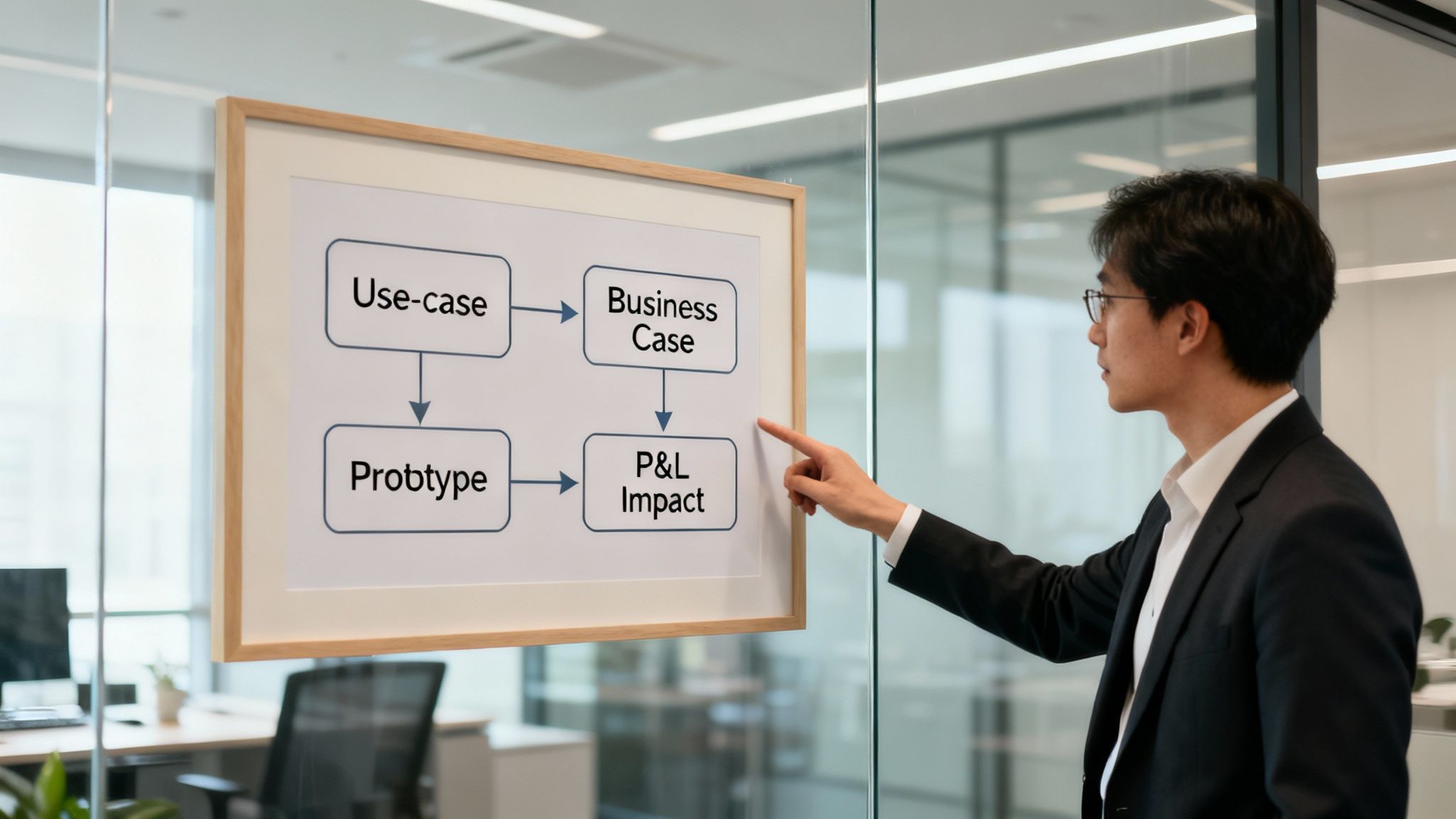Ein Mann im Anzug zeigt in einem Büro auf ein Flussdiagramm mit 'Use‑case', 'Business Case', 'Prototype' und 'P&L Impact'.