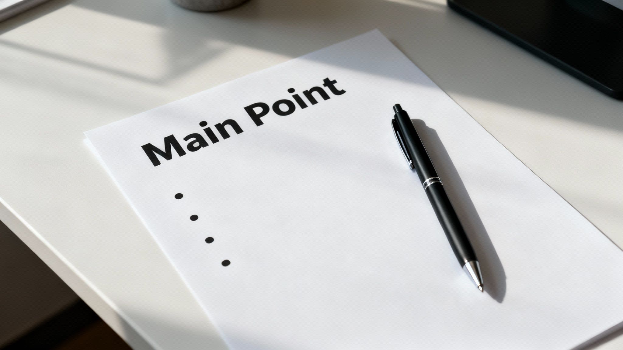 White paper with main point heading and bullet points alongside black pen on desk