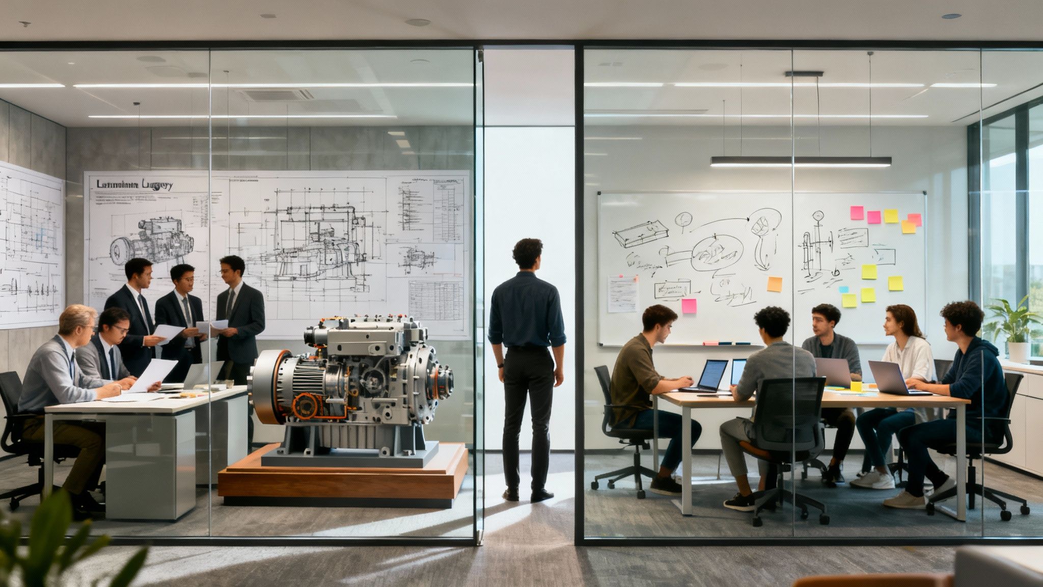 Engineers and young professionals collaborating in modern office spaces, featuring technical drawings and a model engine.