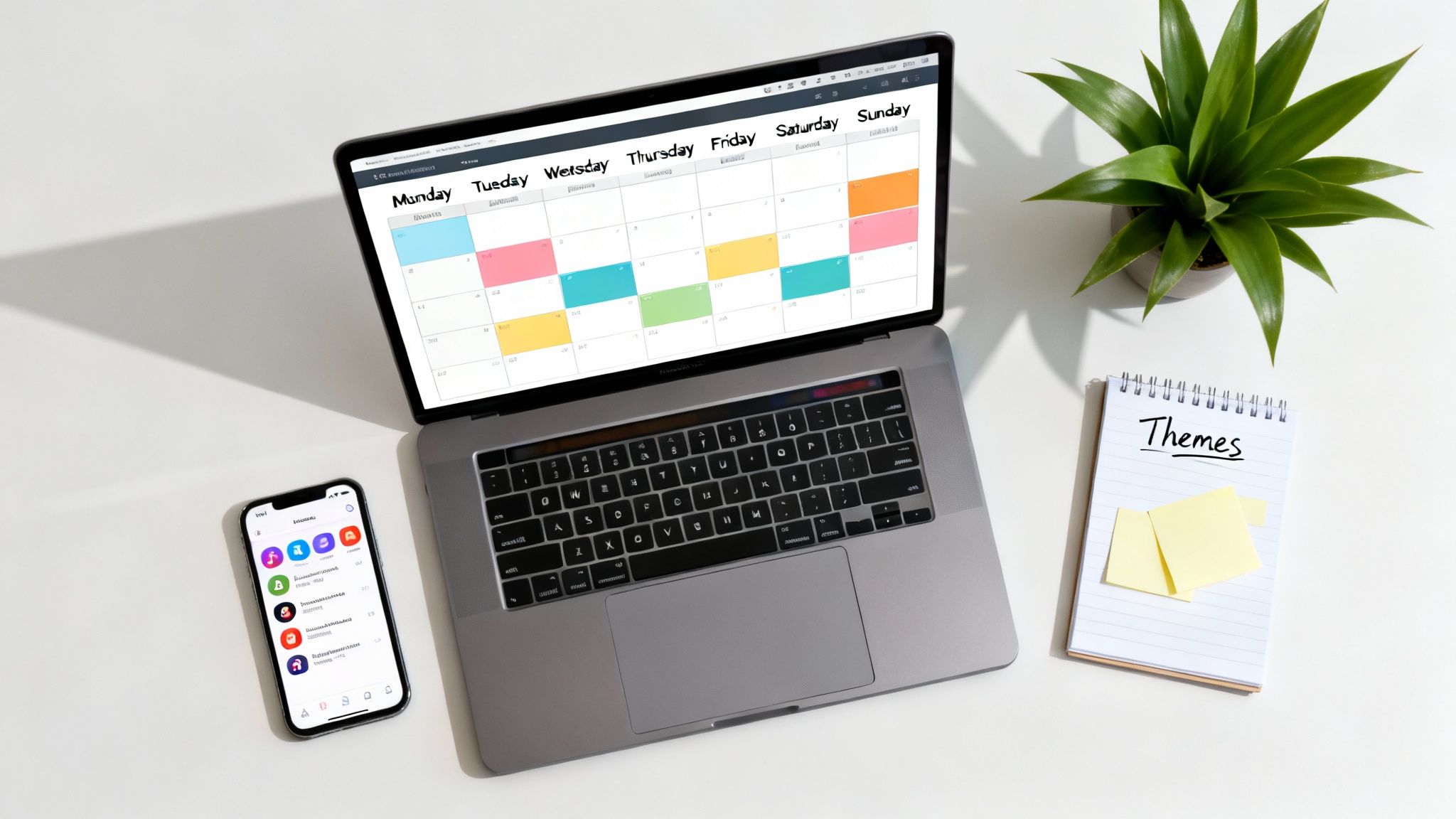 A clean white desk with a laptop displaying a calendar, a smartphone, a plant, and a notepad.