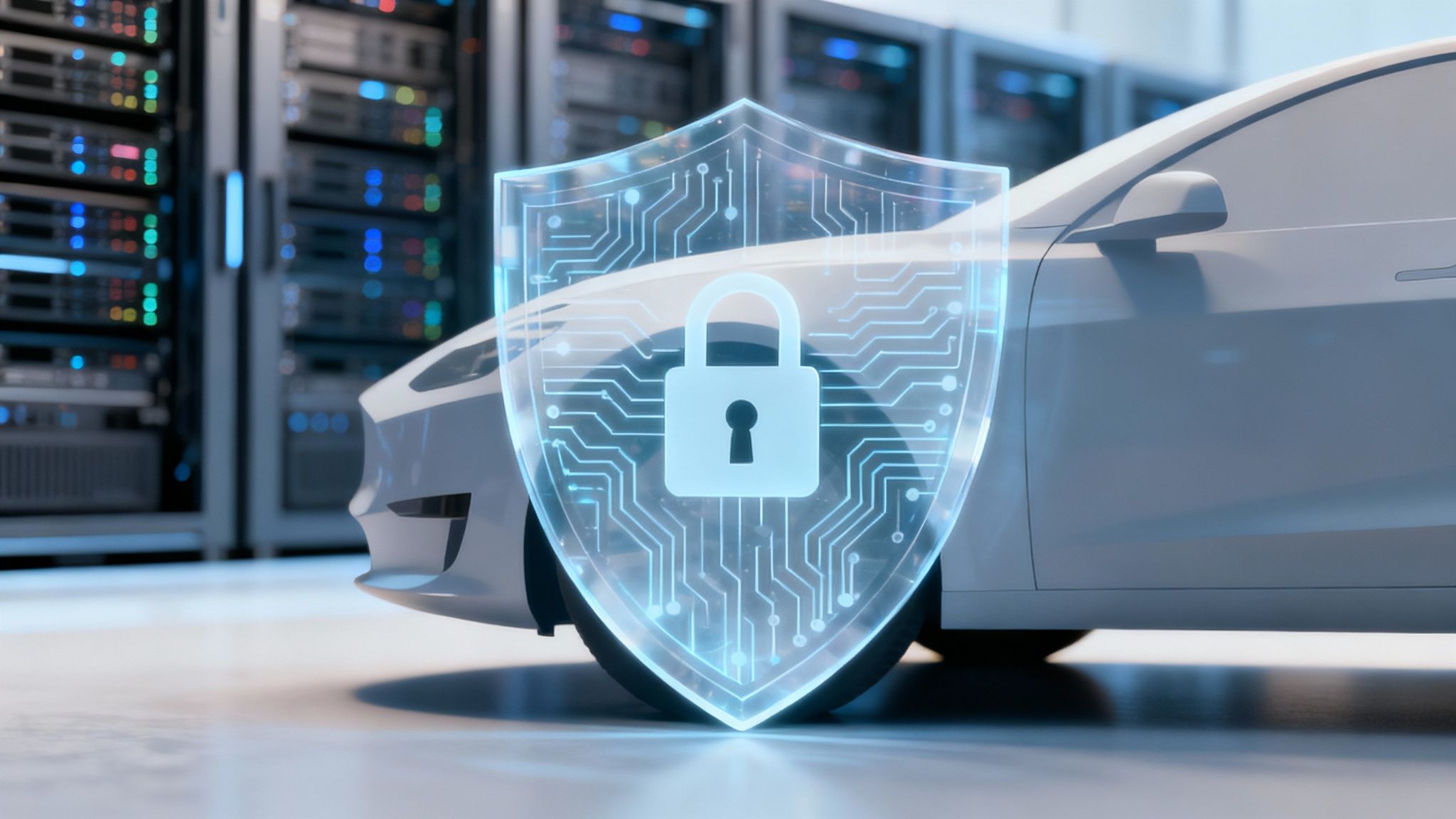 Ein weißes Auto mit einem leuchtenden digitalen Schild, das Cybersicherheit darstellt, vor einem Serverraum-Hintergrund.