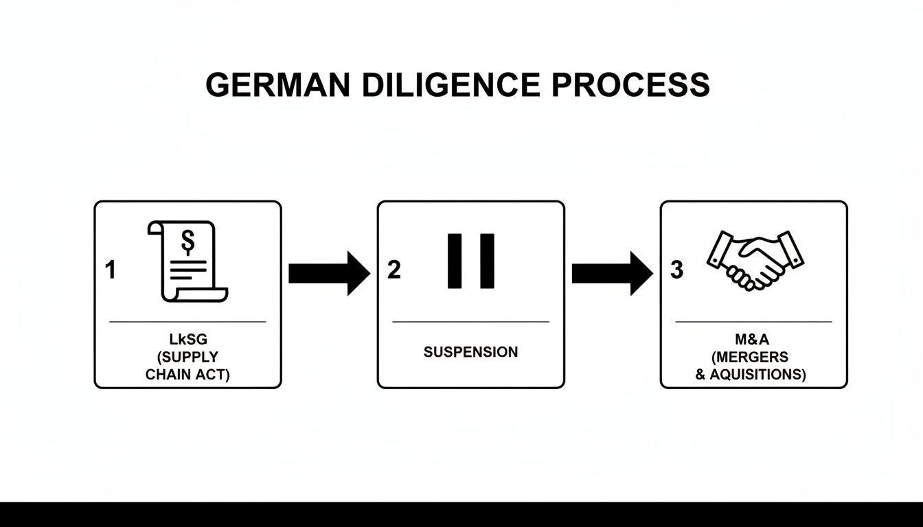Flussdiagramm, das den deutschen Due-Diligence-Prozess mit drei Schritten illustriert: Lieferkettengesetz, Aussetzung und Fusionen & Übernahmen.