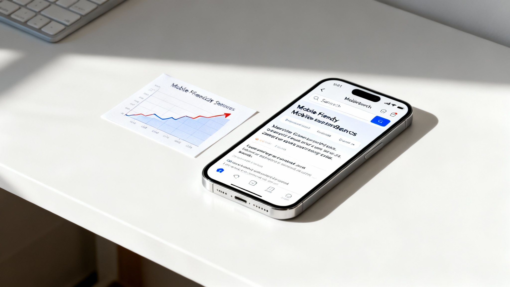 A smartphone displaying mobile-friendly search results next to a graph titled 'Mobile Friendly Searches' on a white desk.