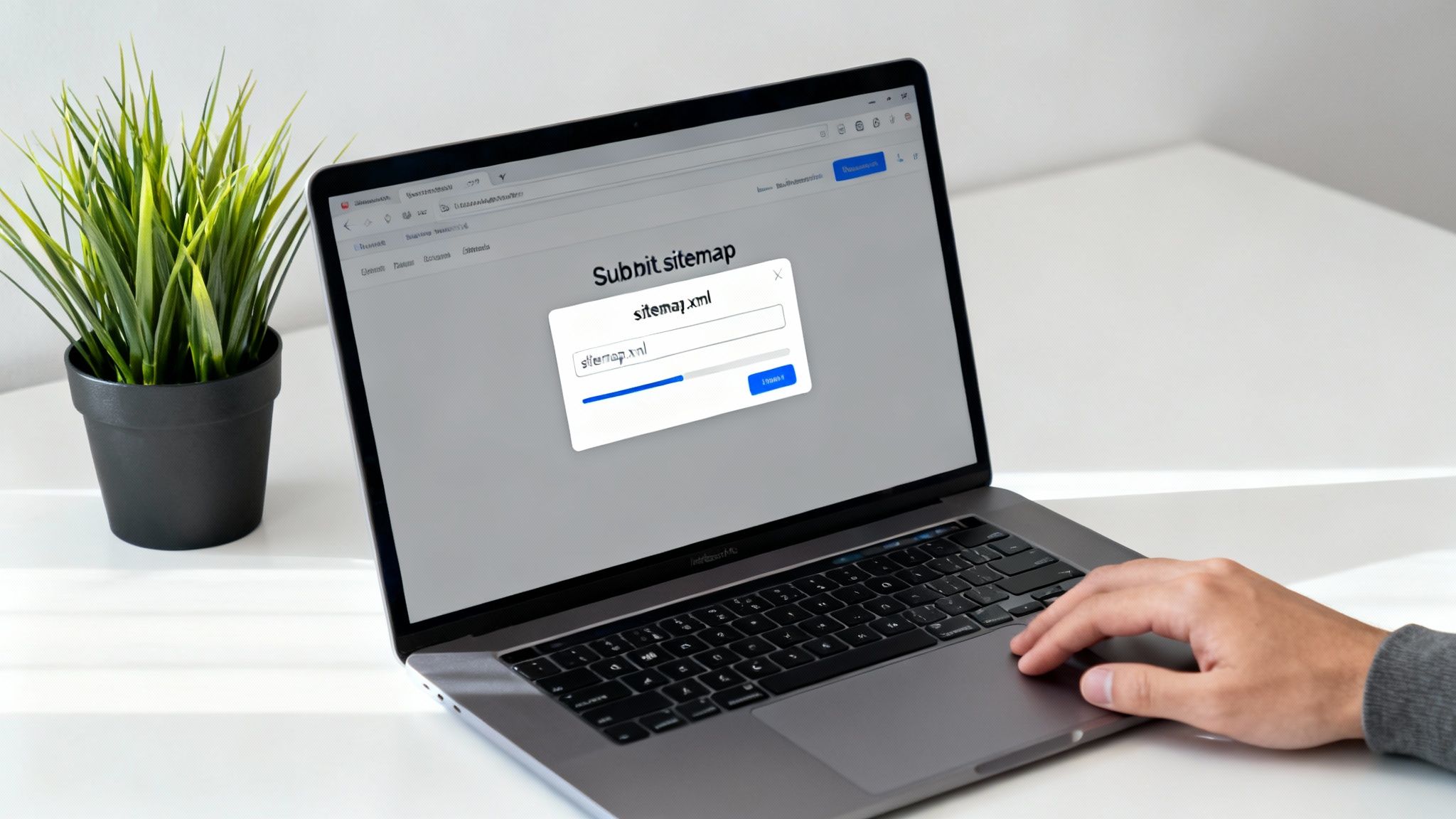 A person's hand near a laptop showing a 'Submit sitemap' popup for 'sitemap.xml'.