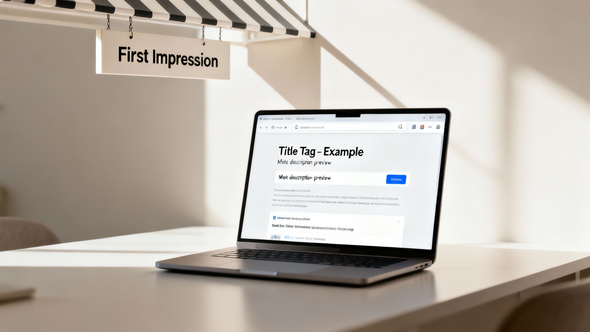 White sign above a laptop reads 'First Impression', showing a webpage preview for title tags and meta descriptions.