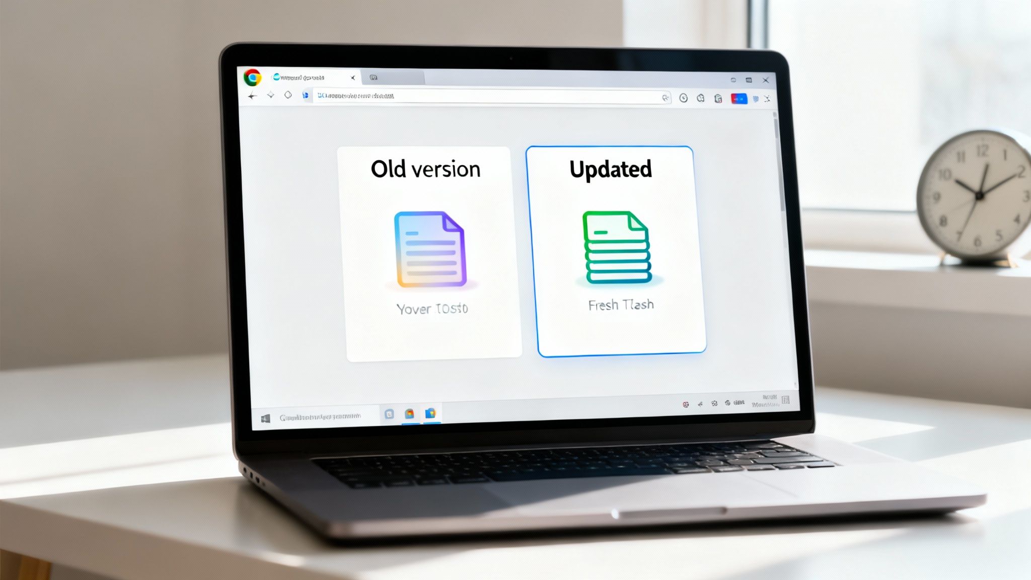 A laptop displays a web page comparing 'Old version' and 'Updated' document icons.