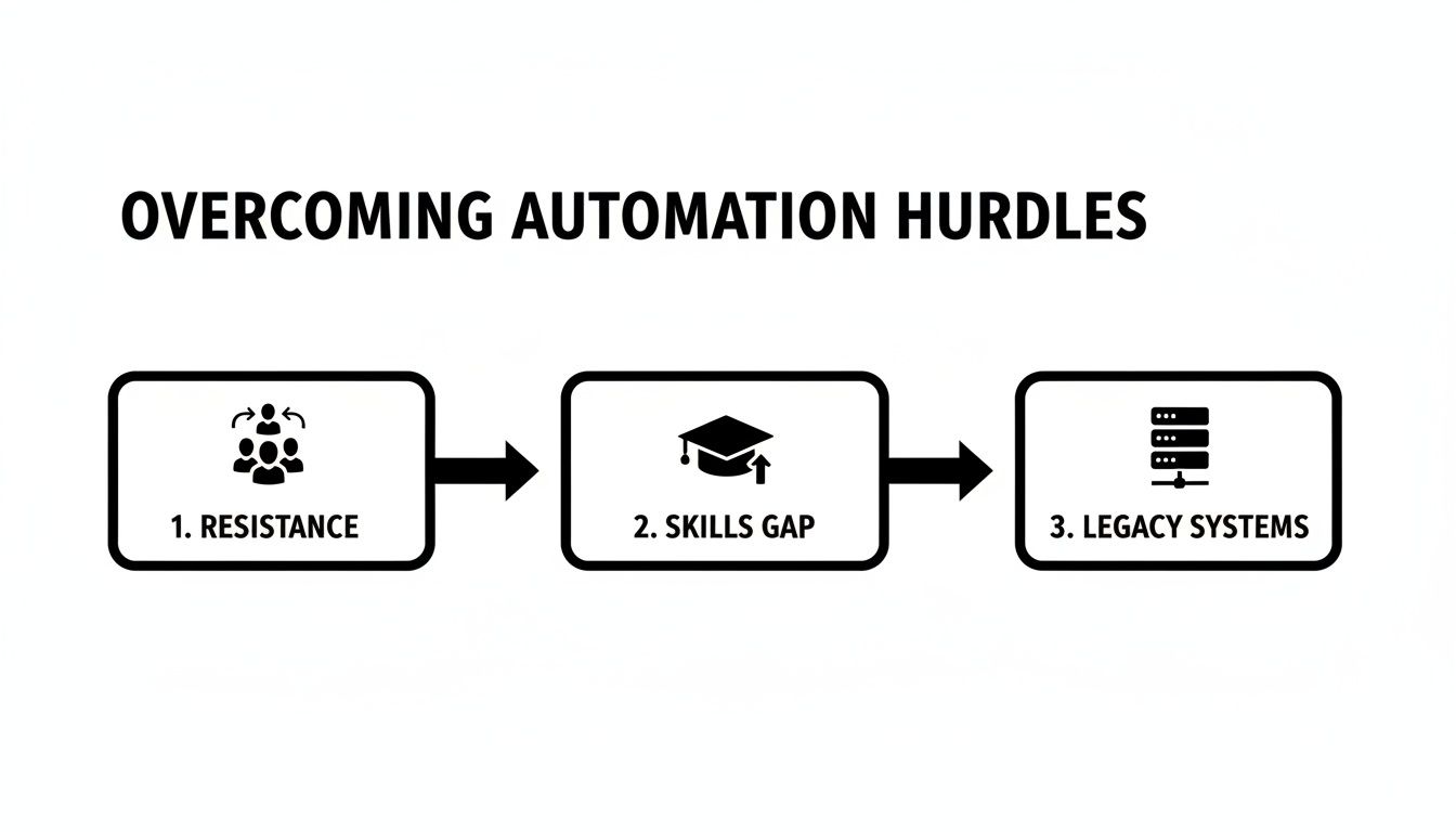 Ein Diagramm mit dem Titel 'Überwindung von Automatisierungshürden', das drei Herausforderungen zeigt: Widerstand, Qualifikationslücke und Altsysteme.