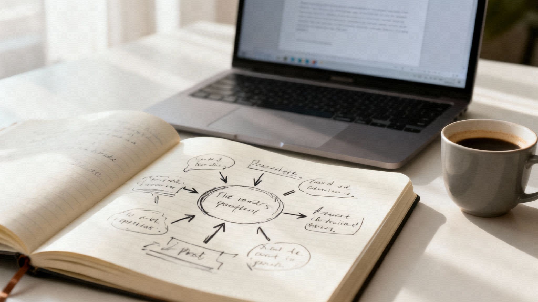A close-up of a workspace with a laptop, an open notebook with a mind map, and a coffee mug.