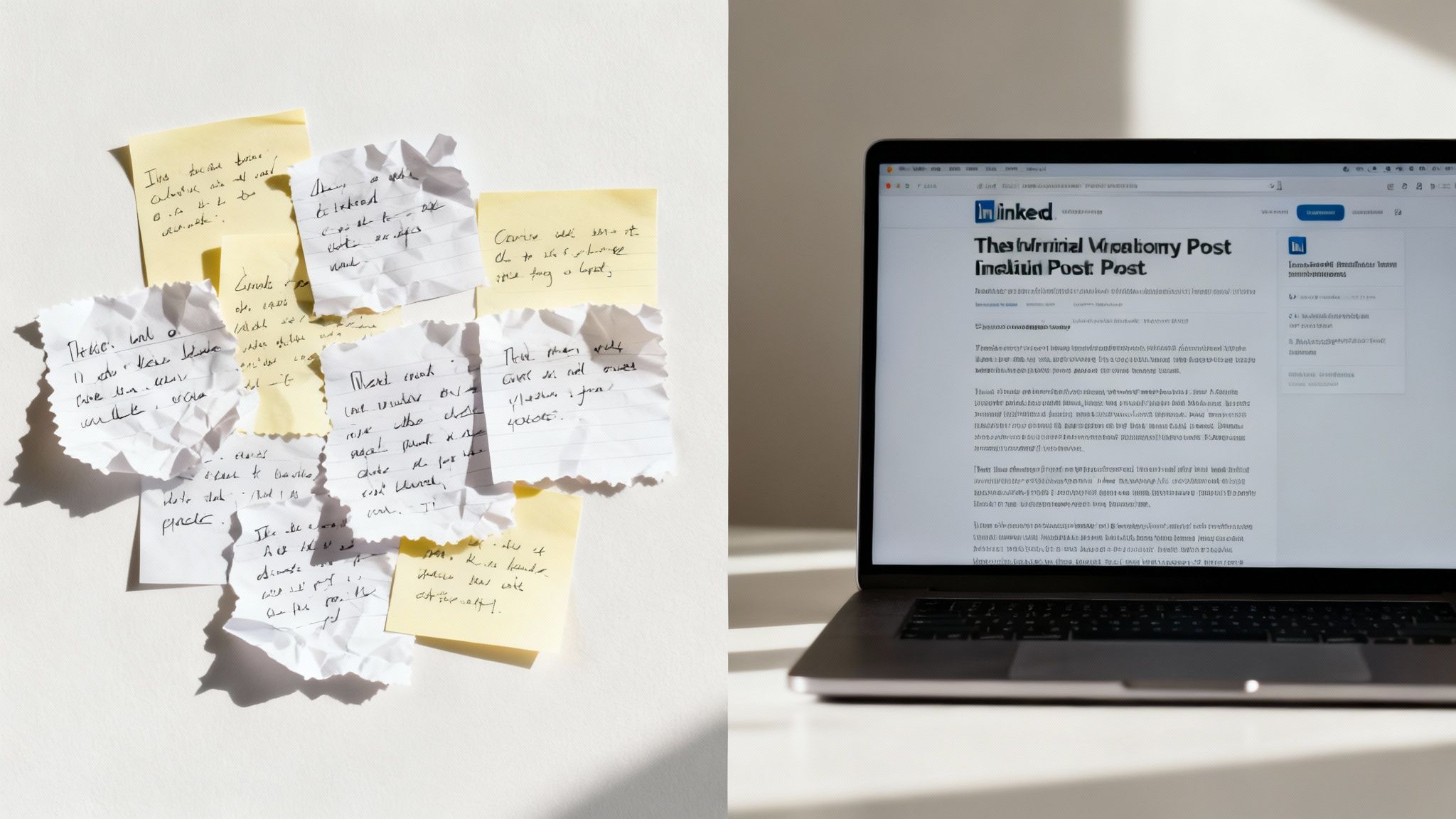 Crumpled handwritten notes on the left, alongside a laptop displaying a LinkedIn post on the right.